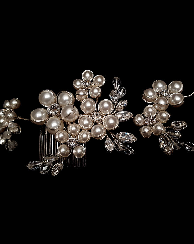 Elegant Bridal Headpiece with Dramatic Pearl Clustered Floral Vine Band - Milan by Kezani | Perfect for Weddings, Bridal Showers & Boho Bridal Looks | Buy or Hire Online