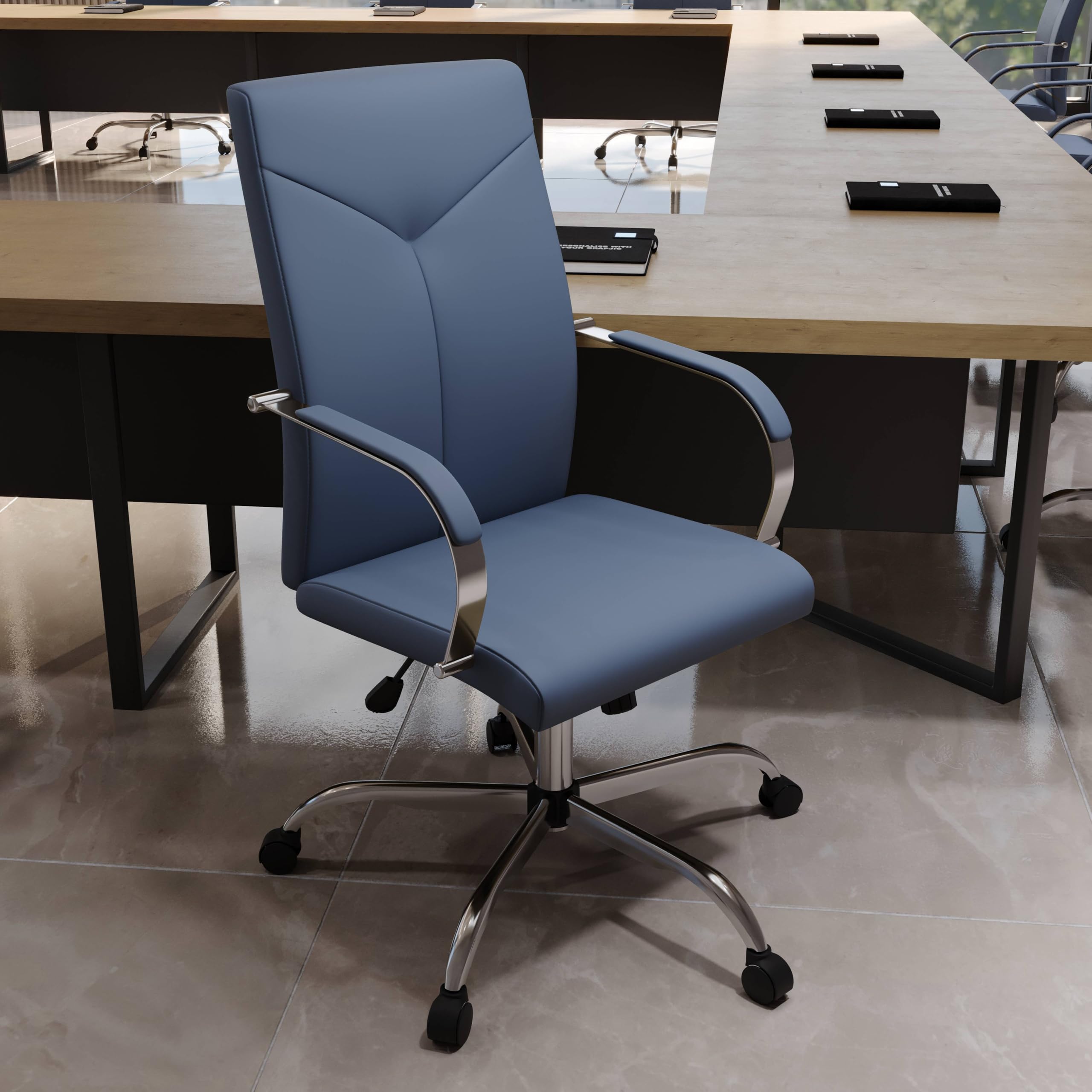 LeisureMod Sonora Modern High-Back Adjustable Office Chair - Ergonomic Leather Conference Chair with Tilt, 360° Swivel & Height Adjustment - Navy Blue - Perfect for Home Office, Conference Rooms & Executive Workspaces