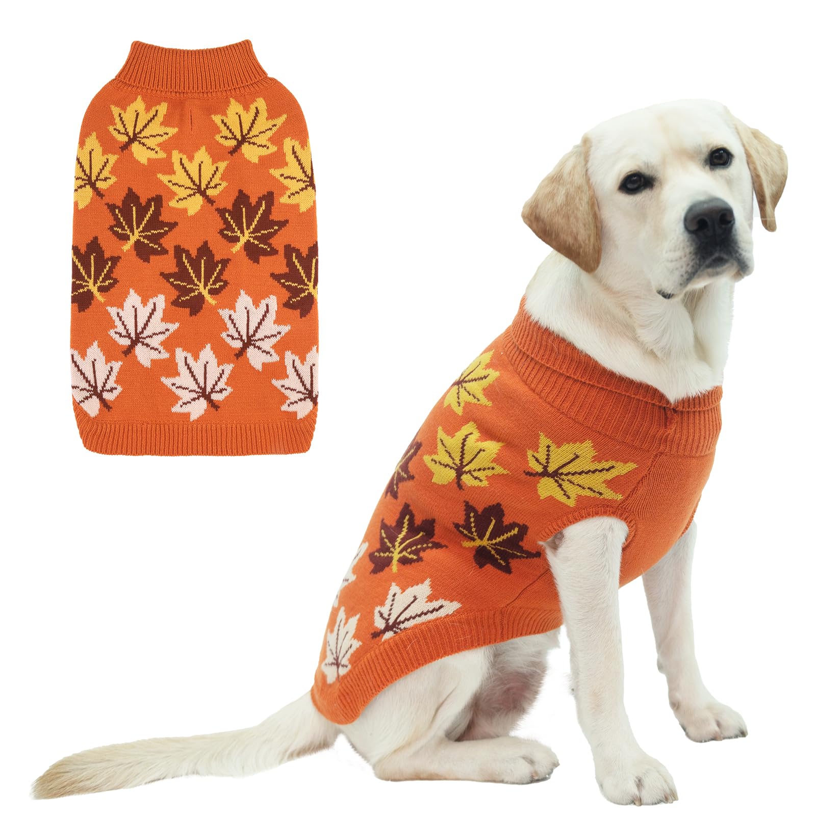 KOOLTAIL Dog Sweater - Warm Knitted Turtleneck Pullover for Cold Weather | Autumn Maple Leaf Pattern Pet Sweater | Winter Clothes for Small, Medium & Large Dogs | Cozy Outfit for Fall Walks & Indoor Comfort (Orange, XL)