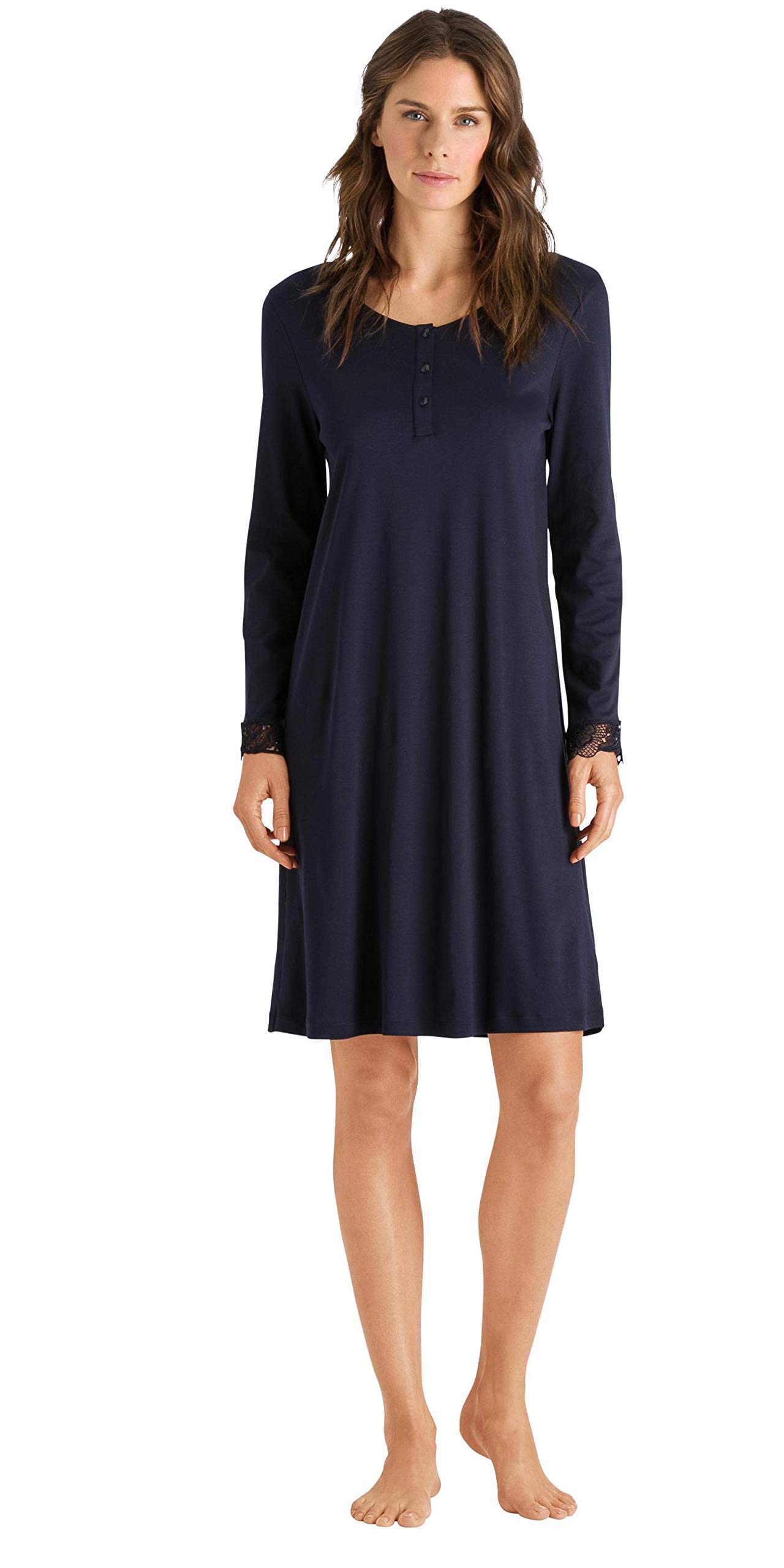 HANRO Women's Flora Long Sleeve Henley Nightgown - Soft Cotton Sleepwear for Comfortable Nights & Relaxing at Home