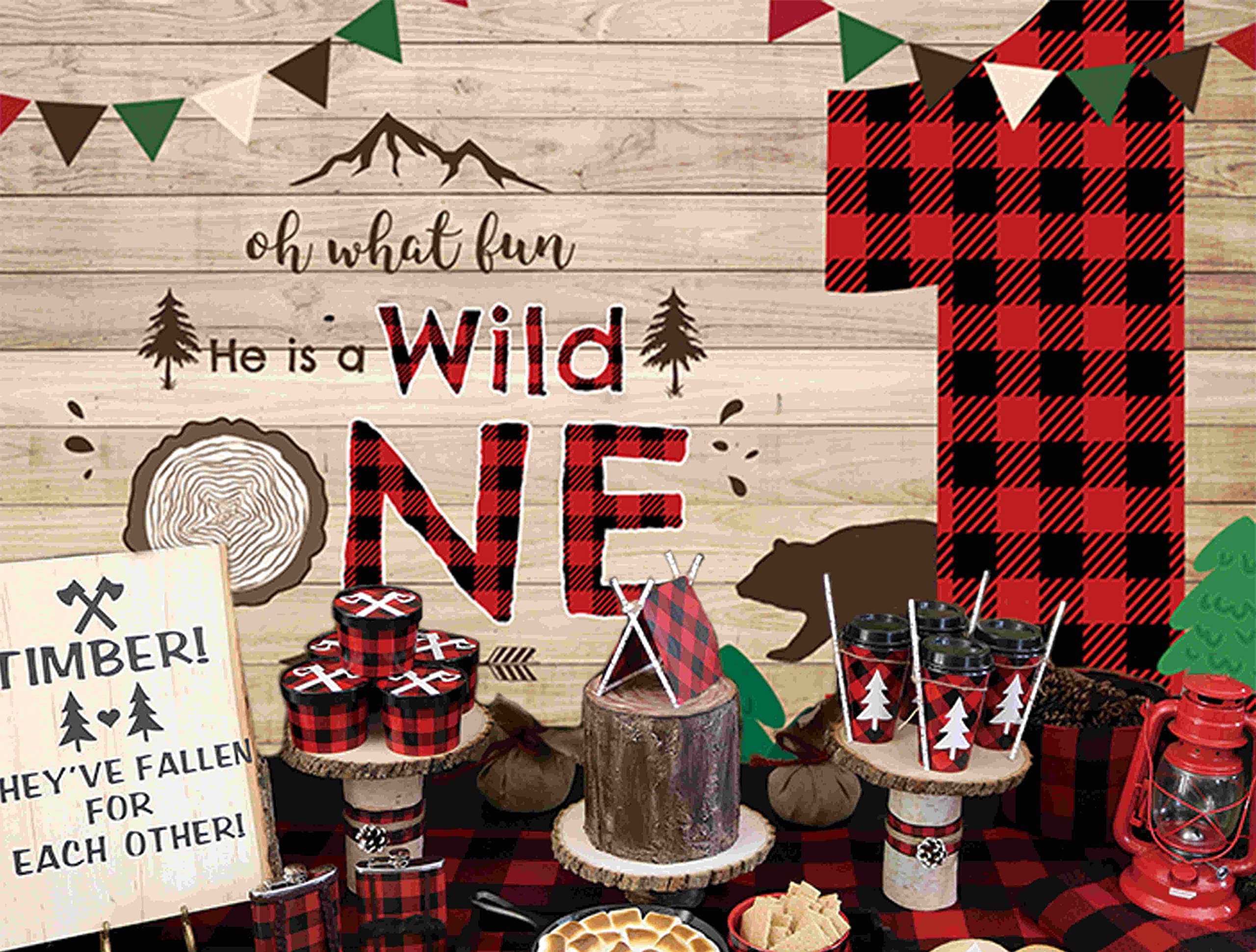 Allenjoy 7x5ft Lumberjack Wild One Backdrop - Red Black Buffalo Plaid Party Decor for 1st Birthday, Baby Shower & Kids Celebration | Perfect for Cake Smash Photoshoot, Woodland Theme Party & Prince-Themed Decorations