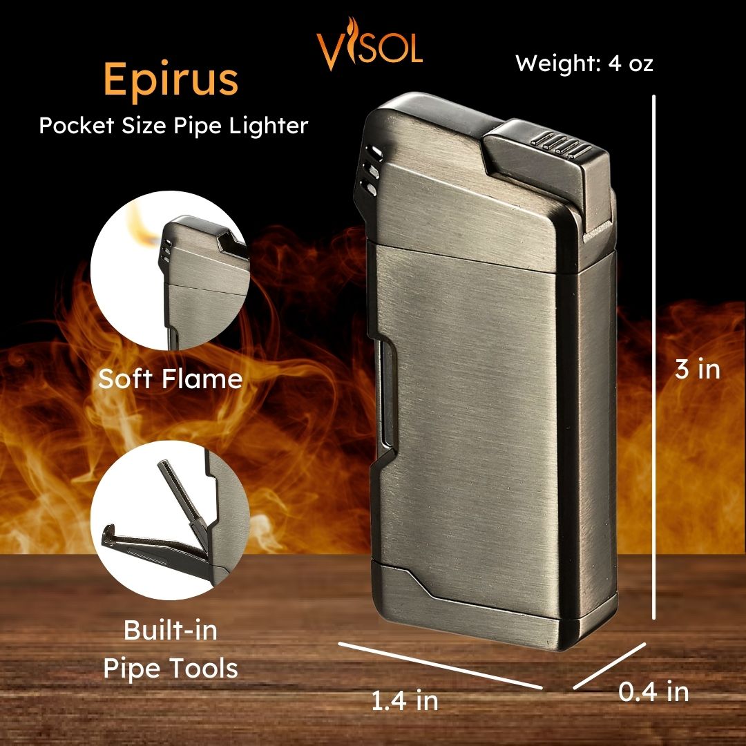 Visol Epirus Soft Flame Pipe Lighter - Gunmetal Finish | Premium Butane Lighter for Cigars & Tobacco Pipes | Durable & Windproof Design for Outdoor Use