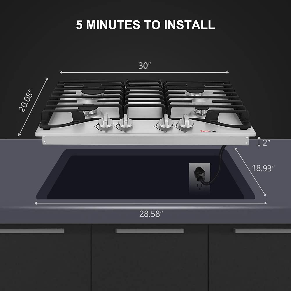 ThermoMate 30 Inch Built-In Gas Cooktop with 4 High-Efficiency SABAF Burners - NG/LPG Convertible 304 Stainless Steel Hob - Flame Out Protection & CSA Certified - Perfect for Home Kitchen, Restaurant, and RV Cooking