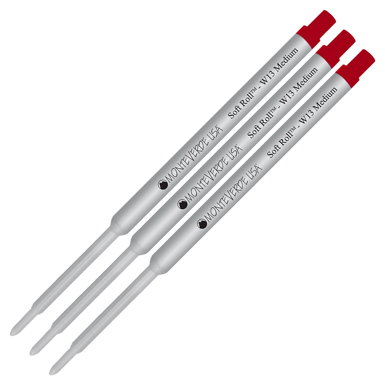 Monteverde Soft Roll Ballpoint Ink Refills 3-Pack - Red Medium Tip 0.7mm - Compatible with Waterman Style Pens - Perfect for Office, School & Everyday Writing