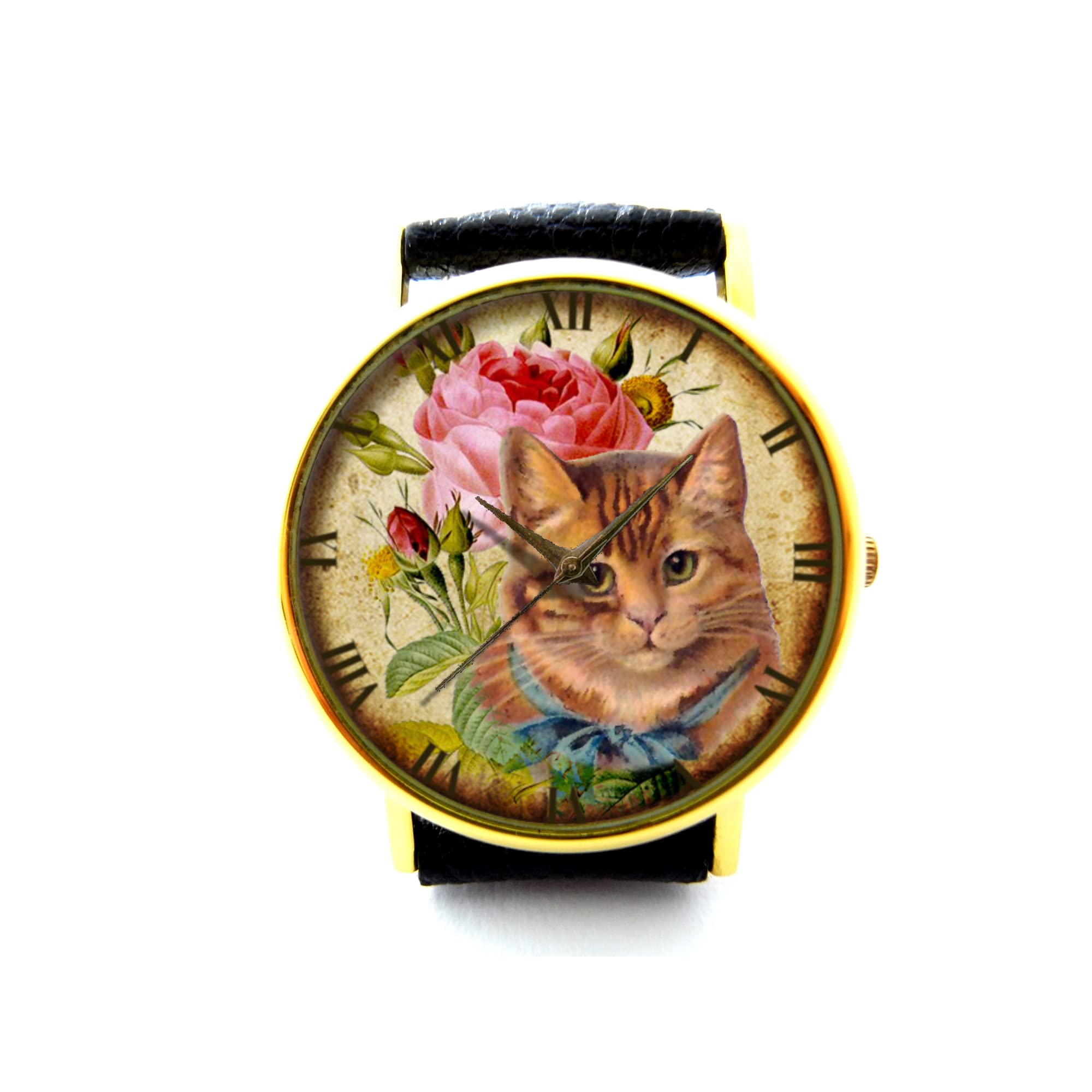Vintage Leather Watch with Aged Ephemera Cat Design - Handmade Genuine Leather Bracelet Watch for Men & Women (P093) | Perfect for Steampunk Fashion, Gothic Style & Unique Gift Giving