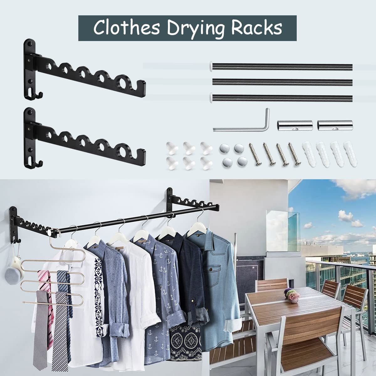 Wall Mounted Foldable Laundry Drying Rack - 3 Rods Space Saving Clothes Hanger for Small Spaces, Aluminum Black Closet Organizer | Perfect for Apartments, Dorms & Laundry Room Storage Organization