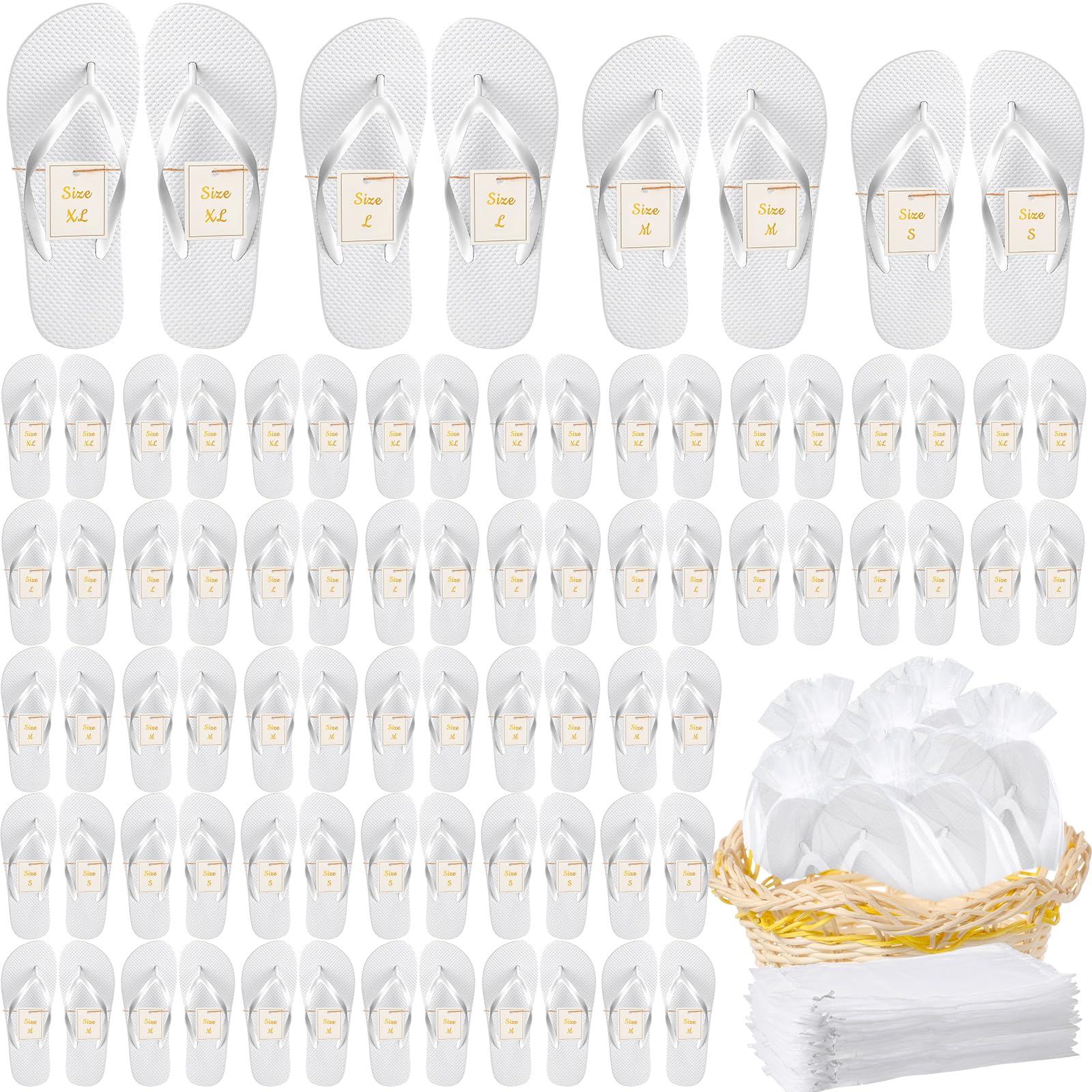 Bonuci 60 Pairs Bulk Flip Flops - Comfortable Wedding, Hotel & Spa Slippers with Size Cards & Drawstring Bags - Perfect for Bridal Party Favors, Guest Gifts & Hospitality Use