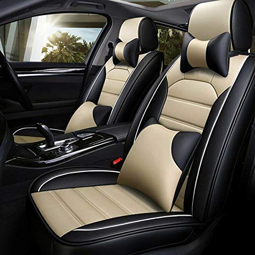 Premium Universal 5-Seat PU Leather Car Seat Cover Set - Front & Rear Cushions with Pillows (Black/Beige) | Waterproof & Anti-Slip Protection for SUVs, Sedans, Trucks | Perfect for Family Road Trips & Daily Commute