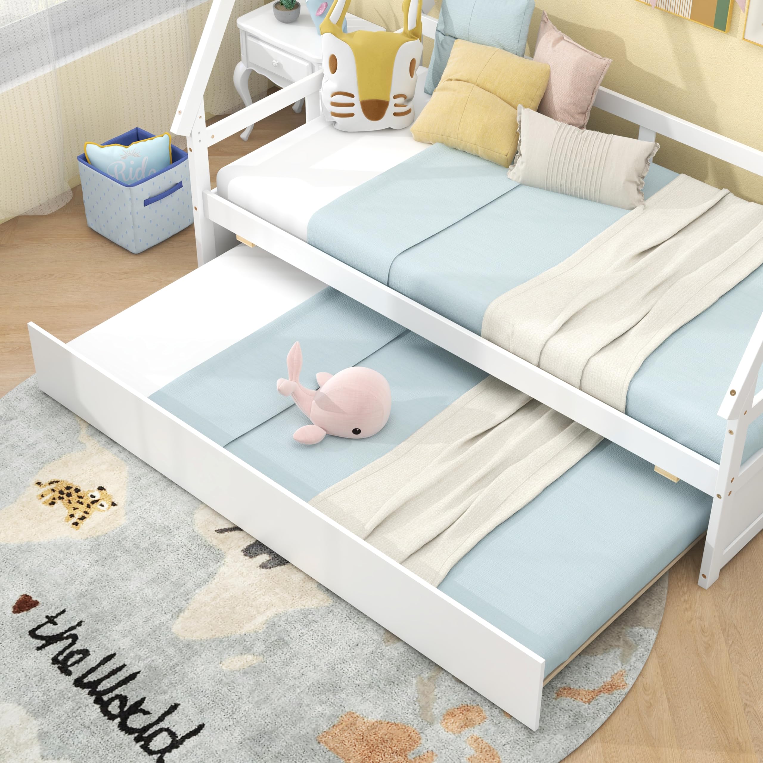 Giantex Twin House Bed with Trundle - Solid Wood Montessori Tent Bed Frame with Safety Guardrail, Low Teepee Bed for Kids & Teens - No Box Spring Needed - Perfect for Bedrooms, Playrooms & Montessori Classrooms (White)
