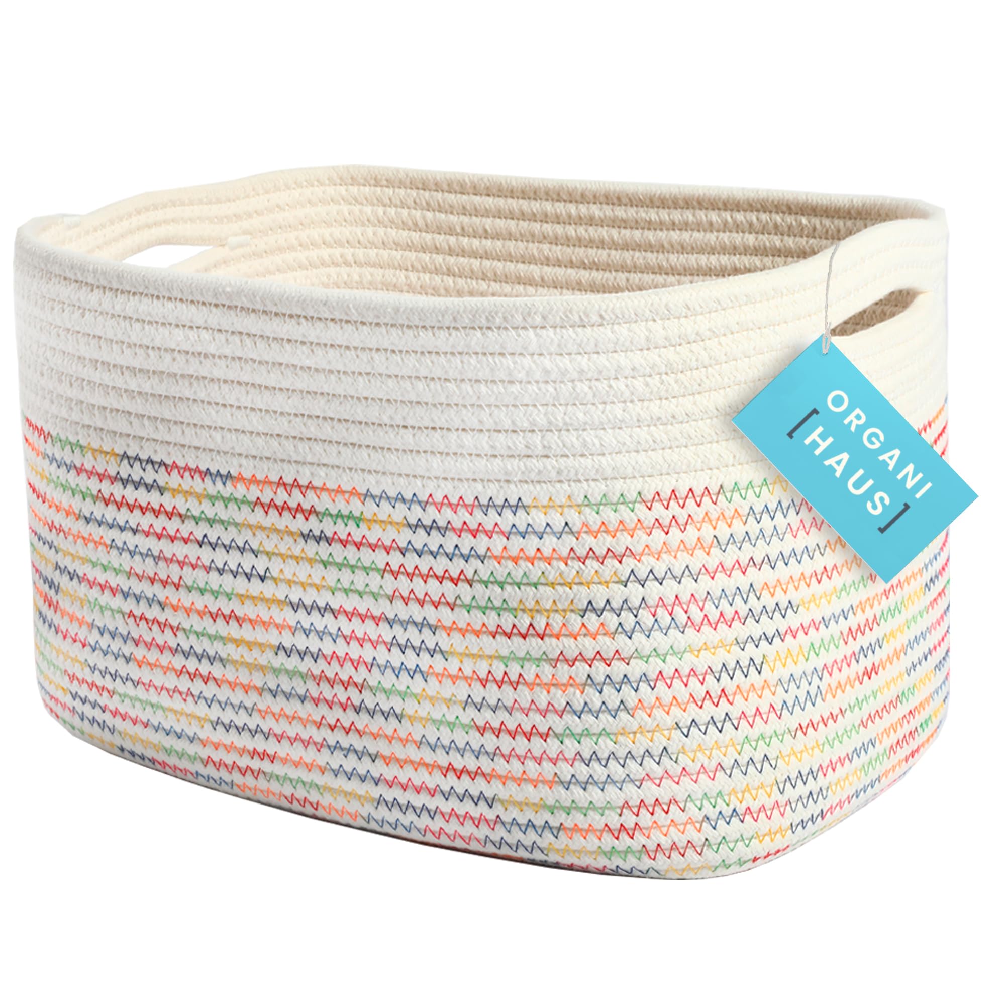 OrganiHaus Woven Storage Basket - Cotton Rope Basket for Nursery, Bathroom & Home Organization | Decorative Rainbow Book Basket for Baby Room, Towel Storage & Shelf Decor | Perfect for Nursery Storage, Bathroom Essentials & Home Decor