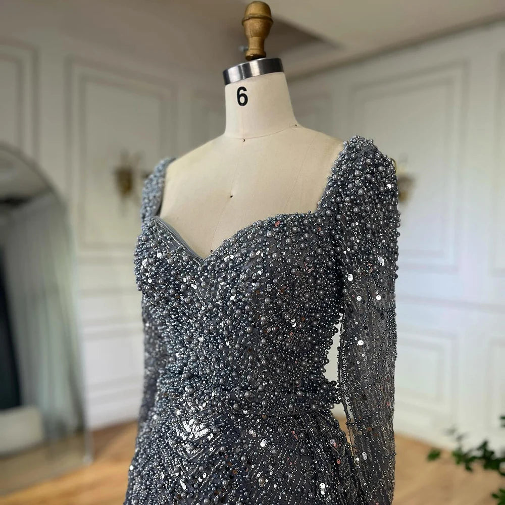 Elegant Dubai Saudi Arabic Gray Mermaid Beaded Evening Gown with Overskirt for Formal Occasions - LA72849 | Perfect for Weddings, Galas, and Special Events