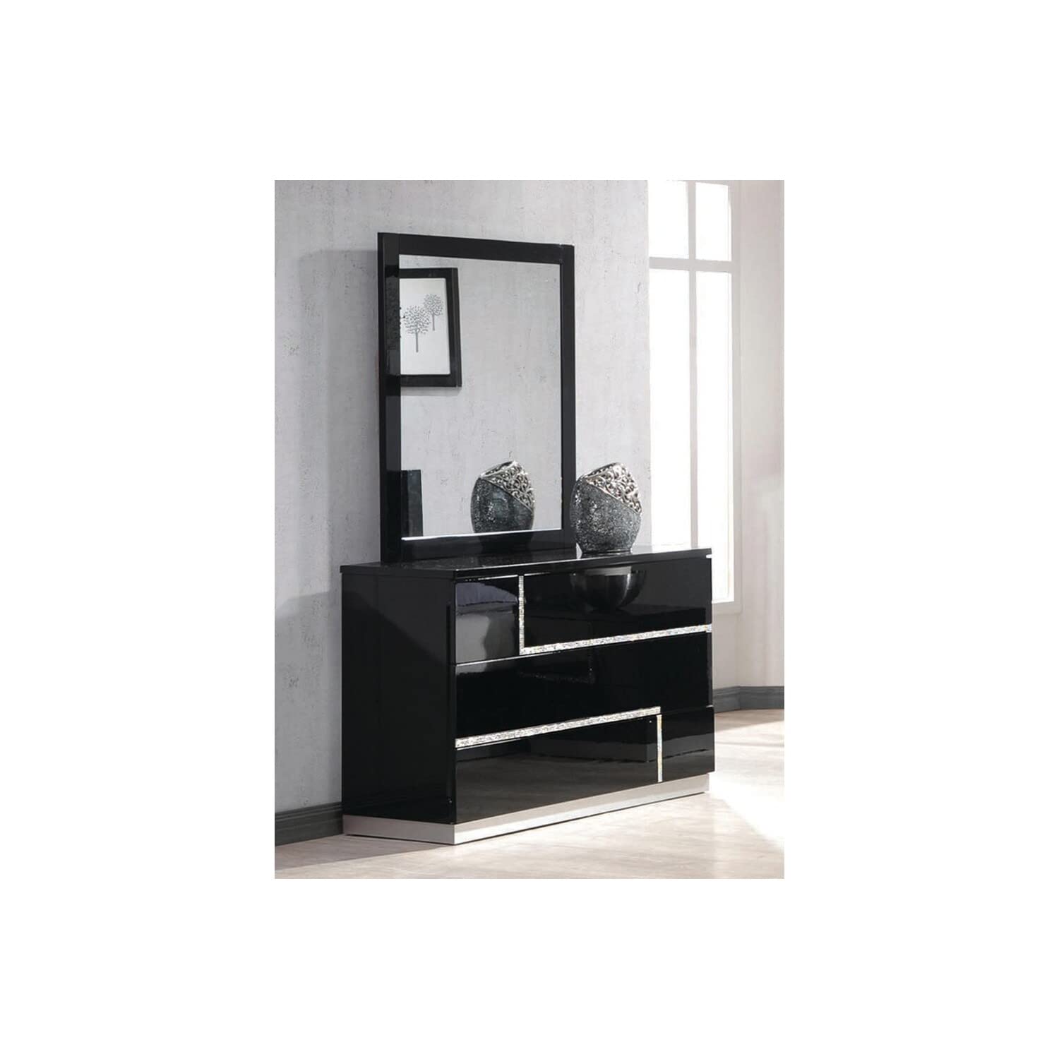 Best Master Barcelona Poplar Wood Dresser and Mirror Set in Black High Gloss - Modern Bedroom Furniture for Home Decor & Organization