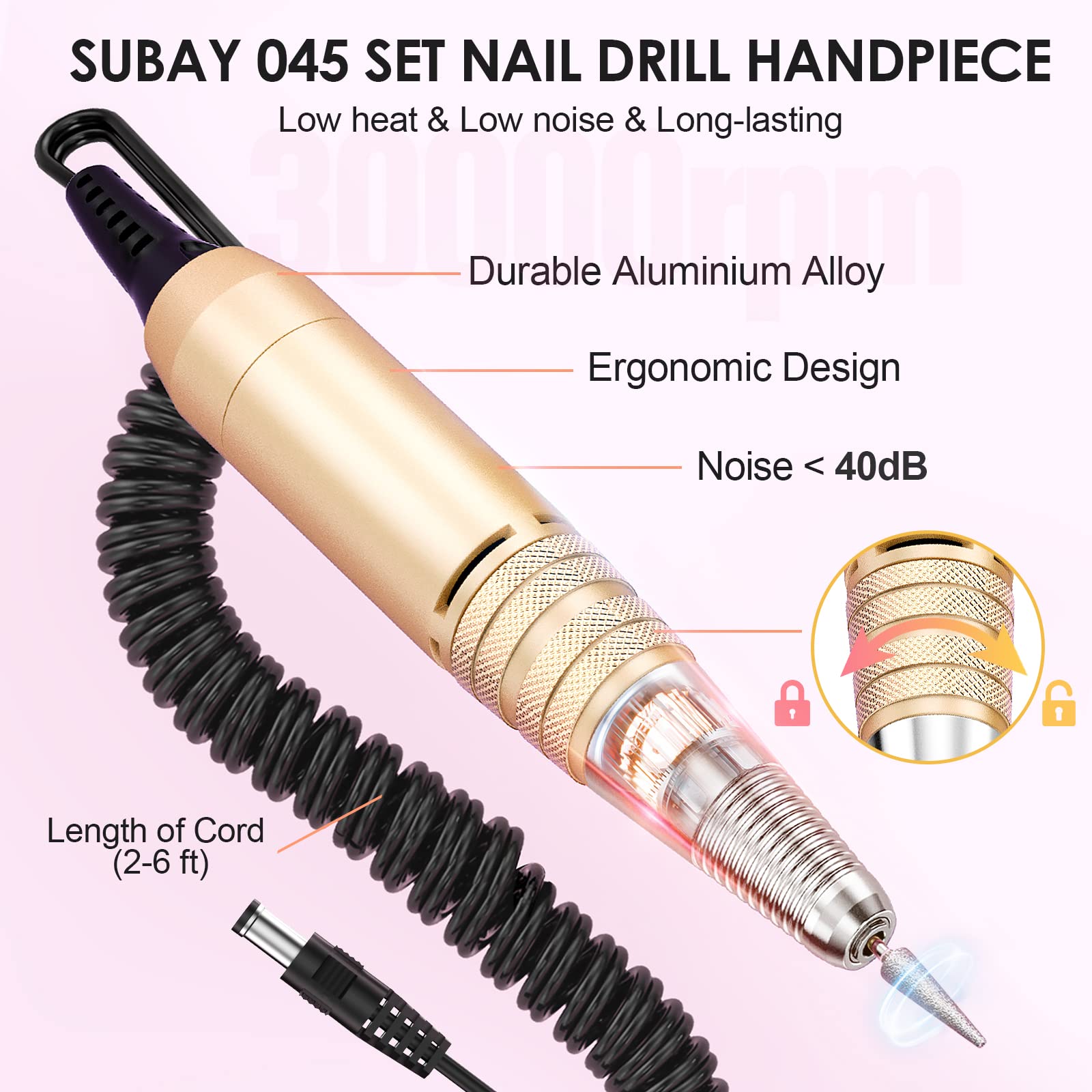 Subay Professional Electric Nail Drill Machine 30,000 RPM - Electric Nail Efile Kit for Acrylic & Gel Nails - Manicure Pedicure Polishing Tools for Salon & Home Use - Golden (Perfect for Nail Artists, DIY Enthusiasts & Professional Technicians)