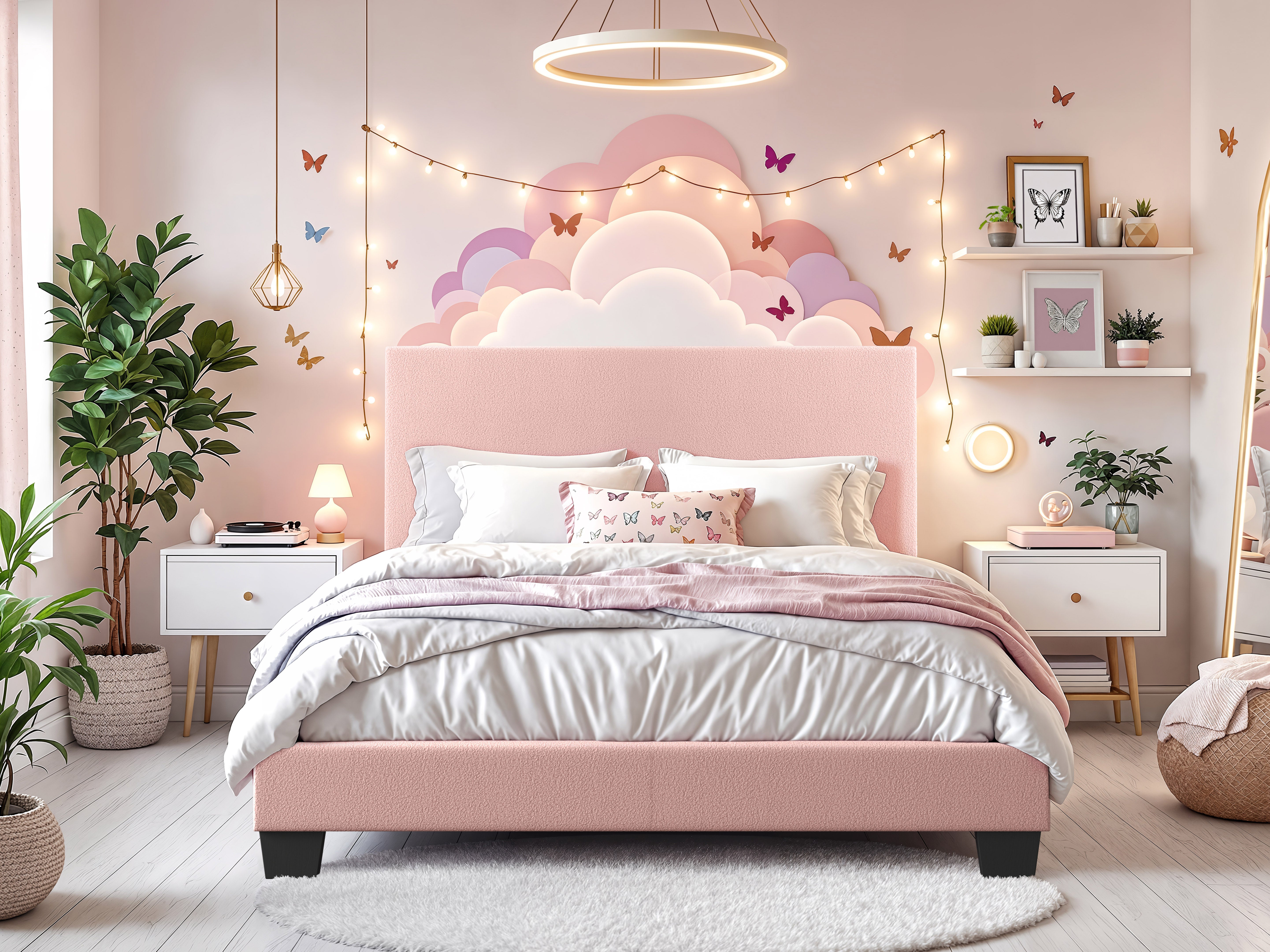 Modern Minimalist Boucle Single Bed Frame - Pink Upholstered Platform Bed for Small Spaces | Perfect for Teen Rooms, Guest Bedrooms & Studio Apartments