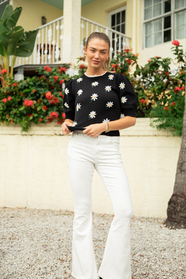 Black Floral Embroidered Lace Trim Short Sleeve Sweater - Elegant Garden Party Top for Women | Casual Spring Outfit & Romantic Date Night Blouse