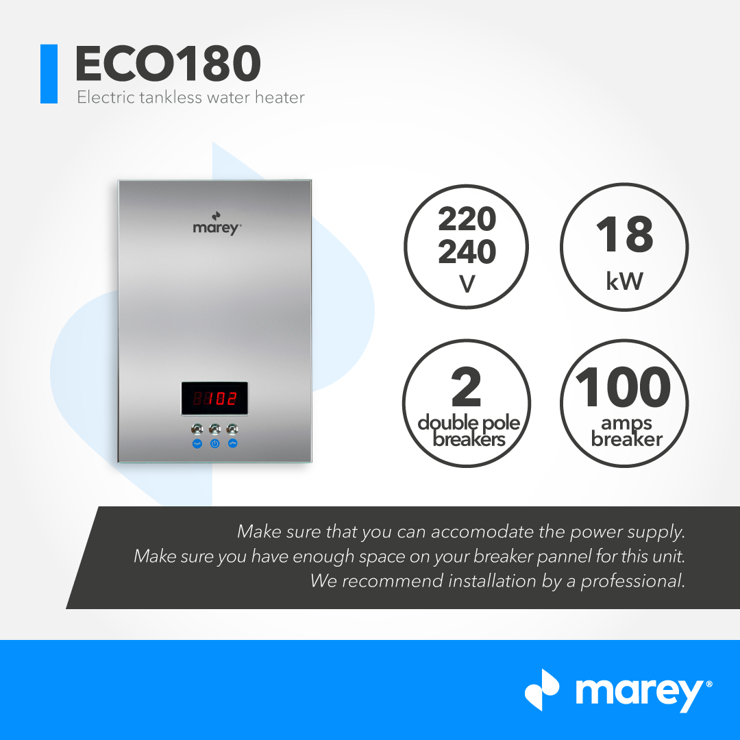 Marey ECO180 Self Modulating Tankless Electric Water Heater - On Demand Hot Water for Multiple Points of Use | Perfect for Homes, Apartments & RVs | Energy Efficient Instant Hot Water Solution