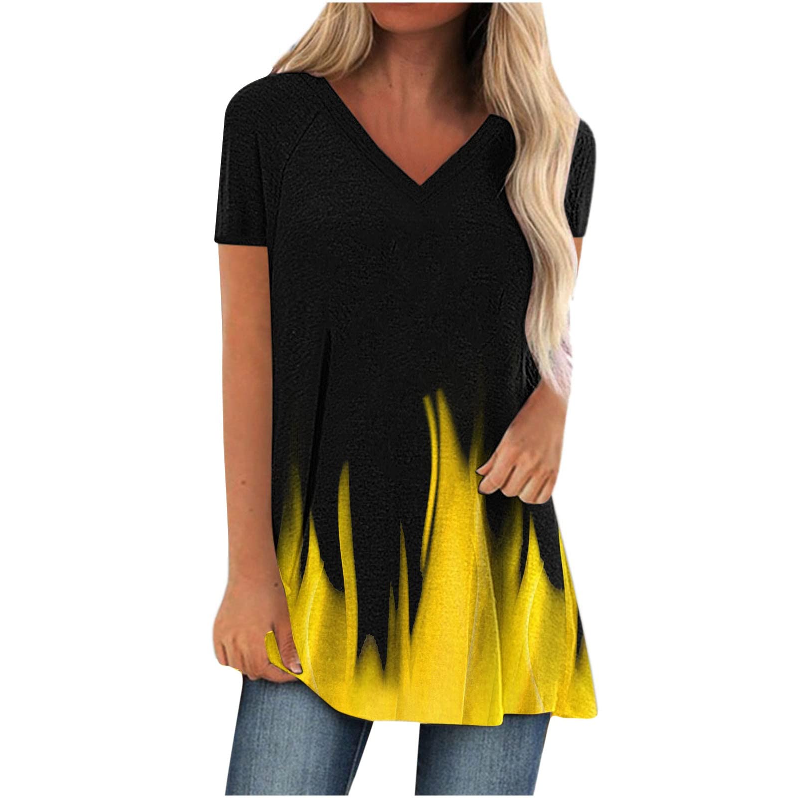 Women's Printed V-Neck Short Sleeve T-Shirt - Loose Fit Casual Summer Tunic Top for Everyday Wear, Outings & Beach Days