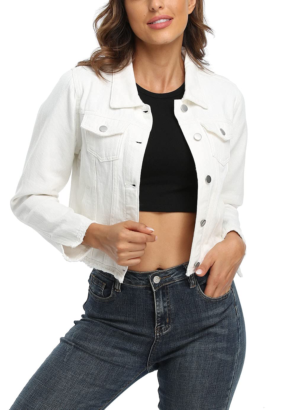 Anienaya Women's Frayed Washed Cropped Denim Jacket - Distressed Button Up Jean Jacket with 2 Side Pockets | Perfect for Casual Outfits, Streetwear & Spring Layering