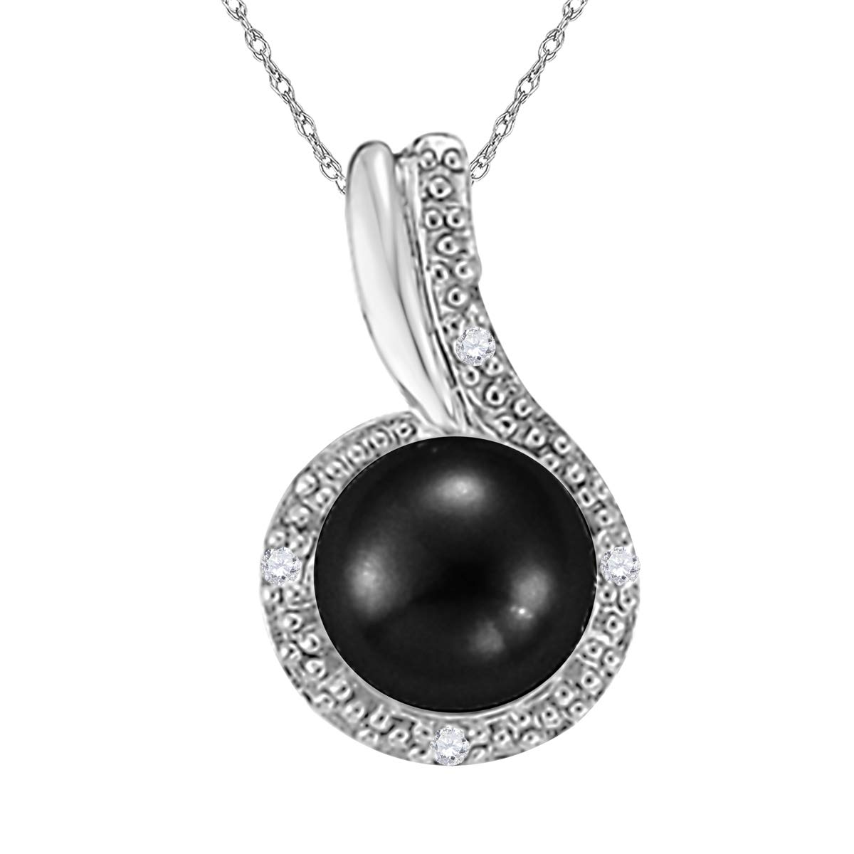 7MM Black Pearl & Diamond Pendant Necklace for Women - 10K White Gold with 18