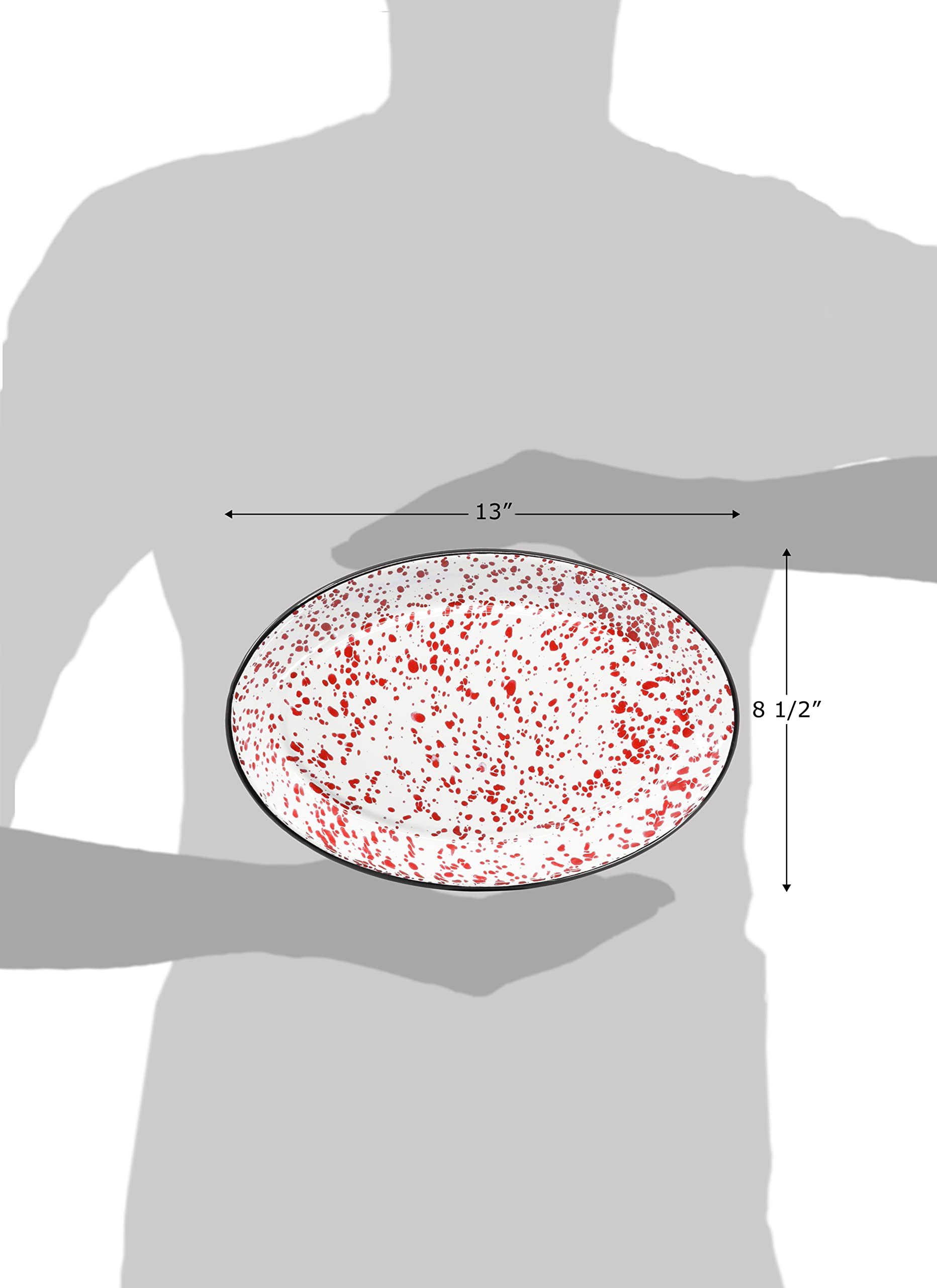 Red Co. Enamelware 13-Inch Oval Serving Tray - Classic Red Marble & Black Rim Splatter Design | Durable Metal Platter for Entertaining, Buffets & Home Decor