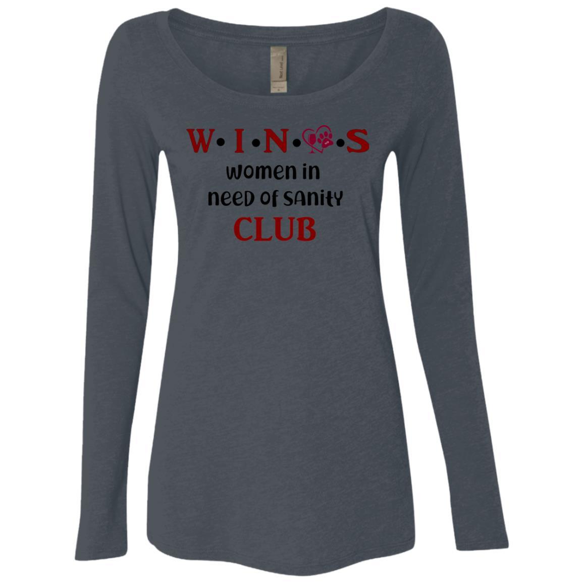 WineyBitches.Co WINOS Club Women's Tri-Blend Long Sleeve Scoop Neck T-Shirt with Burgundy Lettering - Perfect for Wine Tasting, Girls' Night Out & Casual Wear