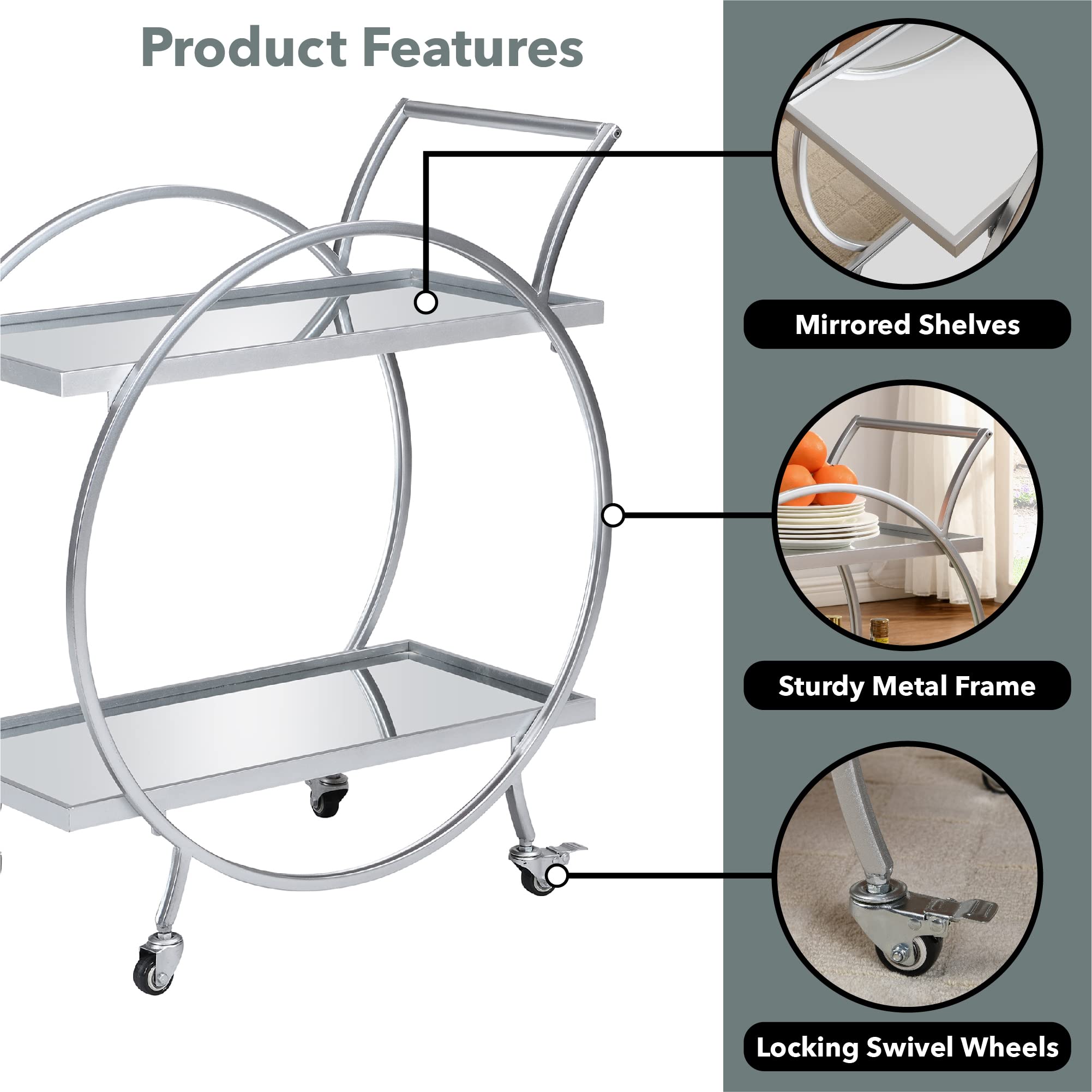 FirsTime & Co. Silver Odessa Bar Cart - 2-Tier Rolling Kitchen Serving Cart with Storage | Modern Mobile Mini Bar for Liquor, Coffee Station | Metal & Mirror Design (28 Inch) - Perfect for Home Entertaining, Small Spaces & Apartment Living