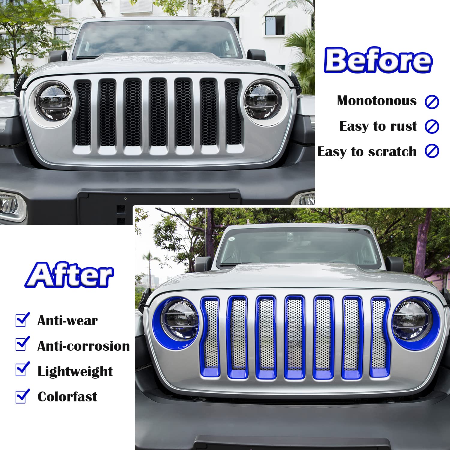 Bonbo Mesh Grille Grill Insert & Headlight Turn Signal Cover Trim - Exterior Accessories for 2018-2023 Jeep Wrangler JL Sport (Blue) | Off-Road Protection & Stylish Upgrade
