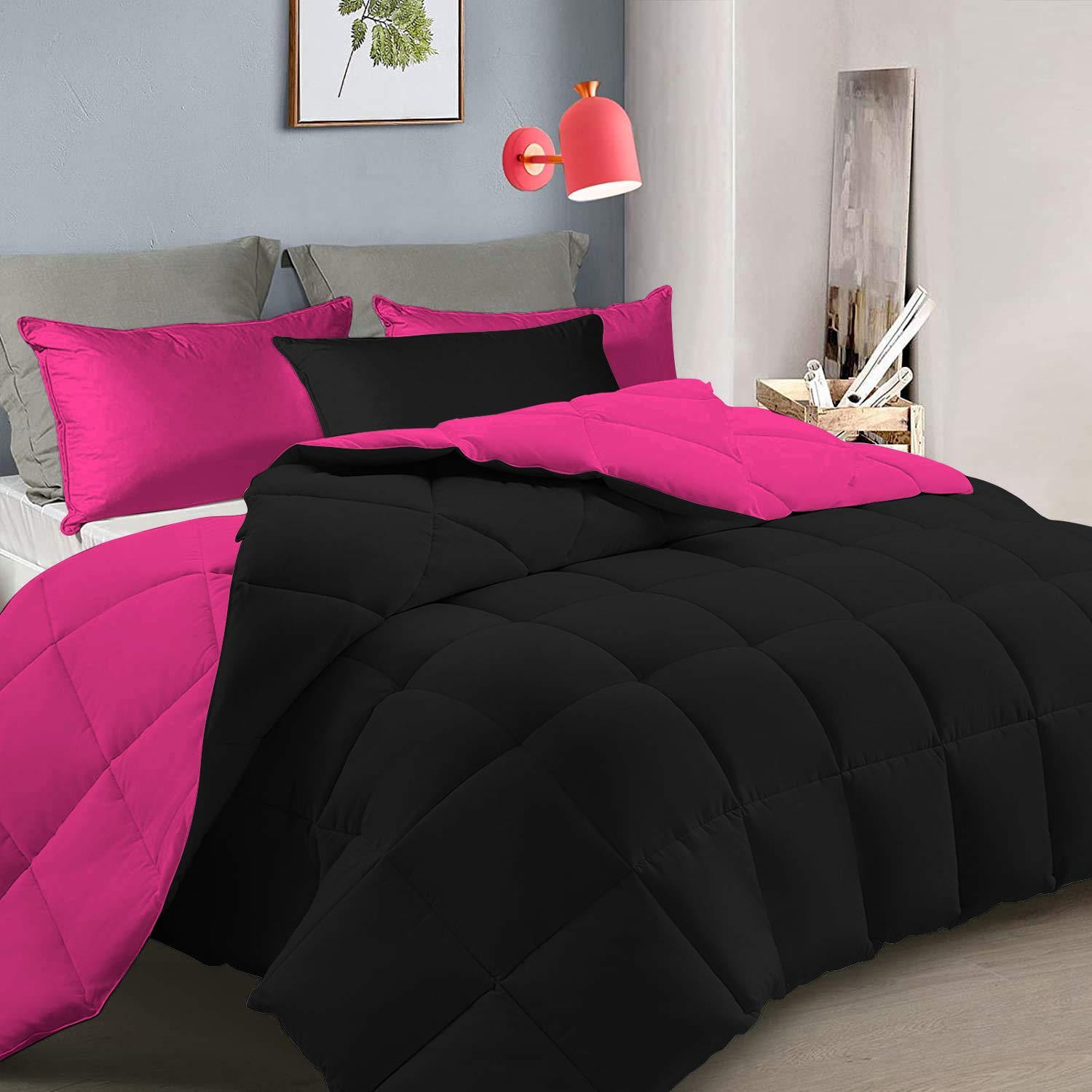 All-Season 3-Piece Reversible Down Alternative Comforter Set - 500 GSM Soft Cotton Quilted Bedding | Queen/Full Size in Black & Hot Pink | Perfect for Year-Round Comfort in Bedroom, Guest Room & Dorm