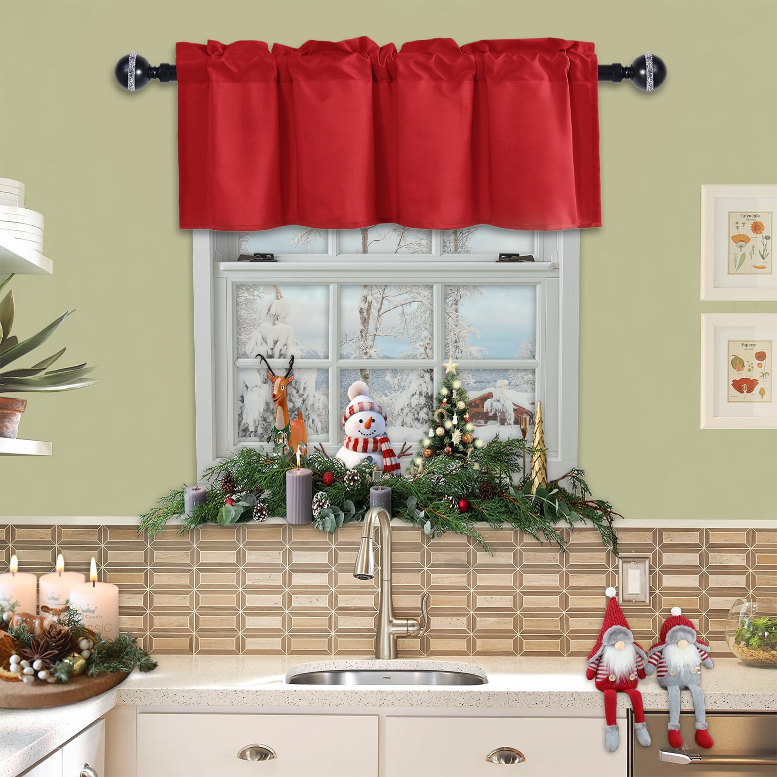 JIUZHEN Christmas Valance Curtains - 52 x 18 Inches, Red, Thermal Insulated Short Rod Pocket Window Panels for Kitchen, Living Room, Bathroom & Basement - Festive Holiday Home Decor for Windows