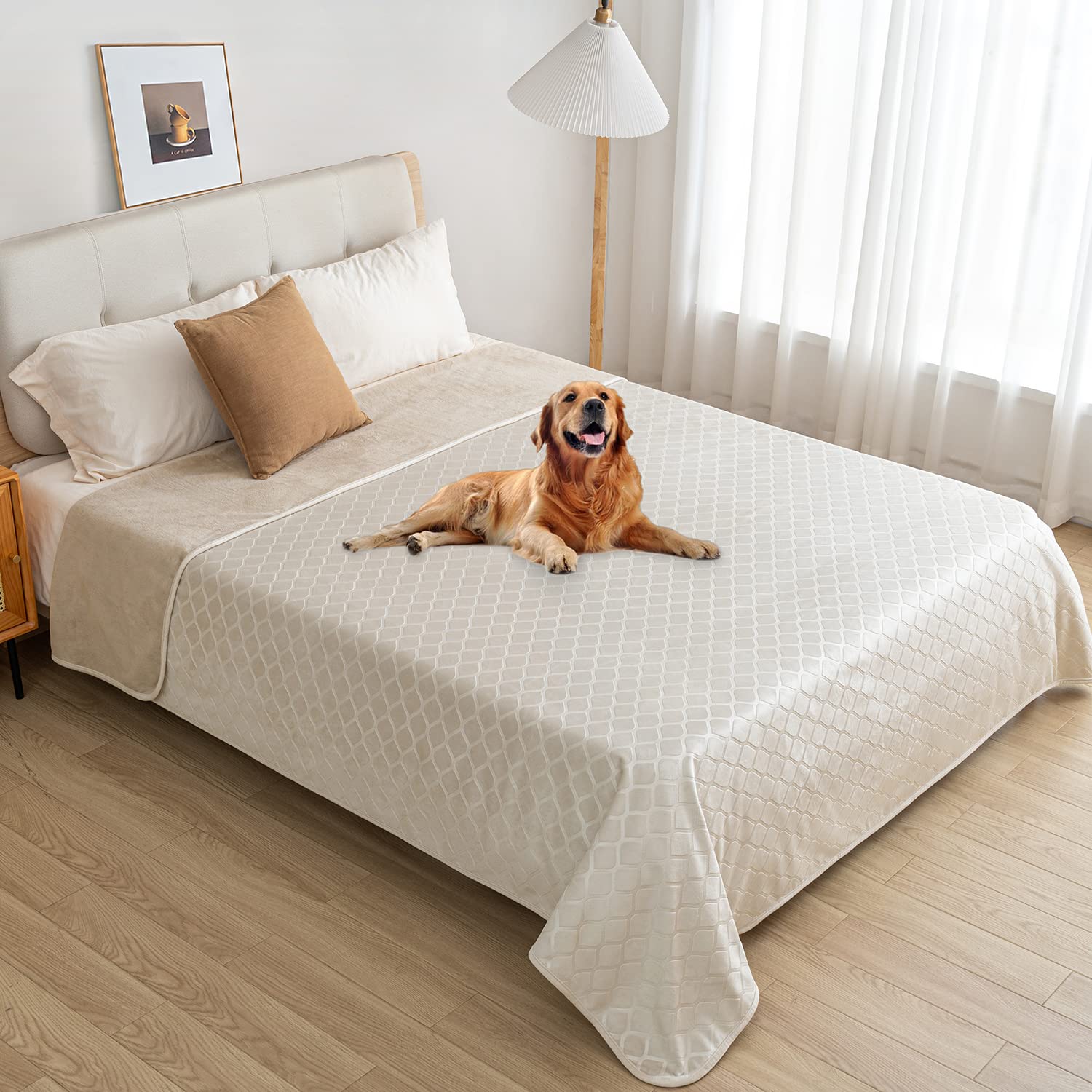 Waterproof Dog Blanket - Super Soft Plush Pet Throw for Couch, Sofa & Bed - Moroccan Style Fuzzy Cozy Blanket (82x102 Inches, Cream Beige) - Perfect for Indoor Use, Travel & Dog Beds