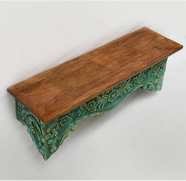 Hand Carved Mango Wood Floating Shelf - Natural Wood Wall Decor for Living Room, Bedroom, Office - Rustic Home Storage & Display Shelf for Books, Plants, Photos