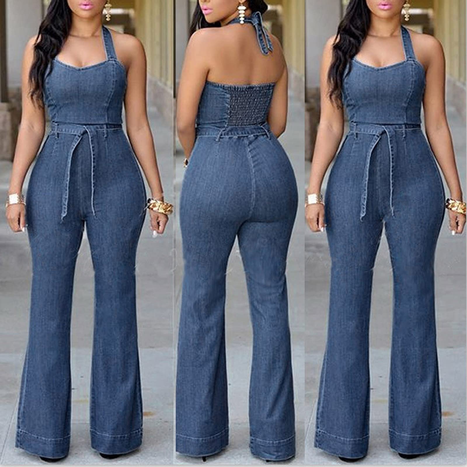 Women's Denim Jumpsuit - Sleeveless Casual Romper with Adjustable Belt, Slim Fit & Wide Leg Design for Summer Outfits | Perfect for Beach, Parties, and Everyday Wear