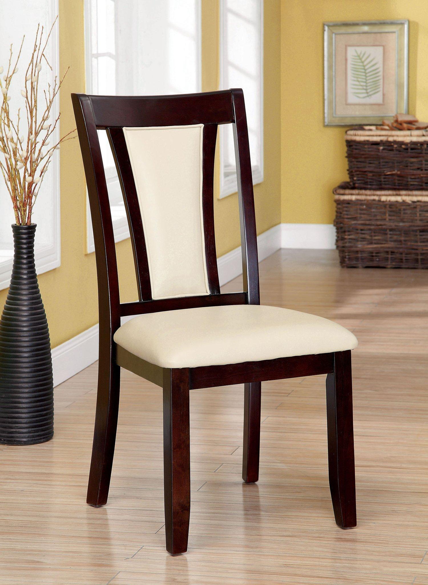 Modern Set of 2 Dark Cherry & Ivory Solid Wood Side Chairs with Padded Leatherette Upholstered Seats - Kitchen & Dining Room Furniture for Home Decor