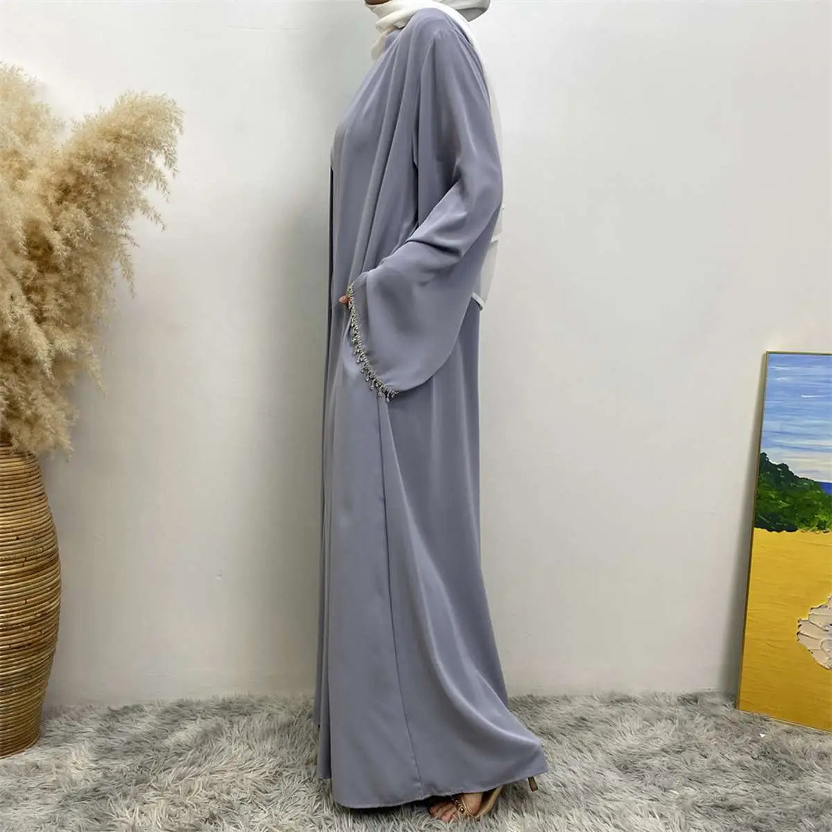 2-Piece Rhinestone Open Abaya Dress Set with Inner Sleeveless Dress & Belt - Elegant Muslim Fashion for Weddings, Parties & Special Occasions