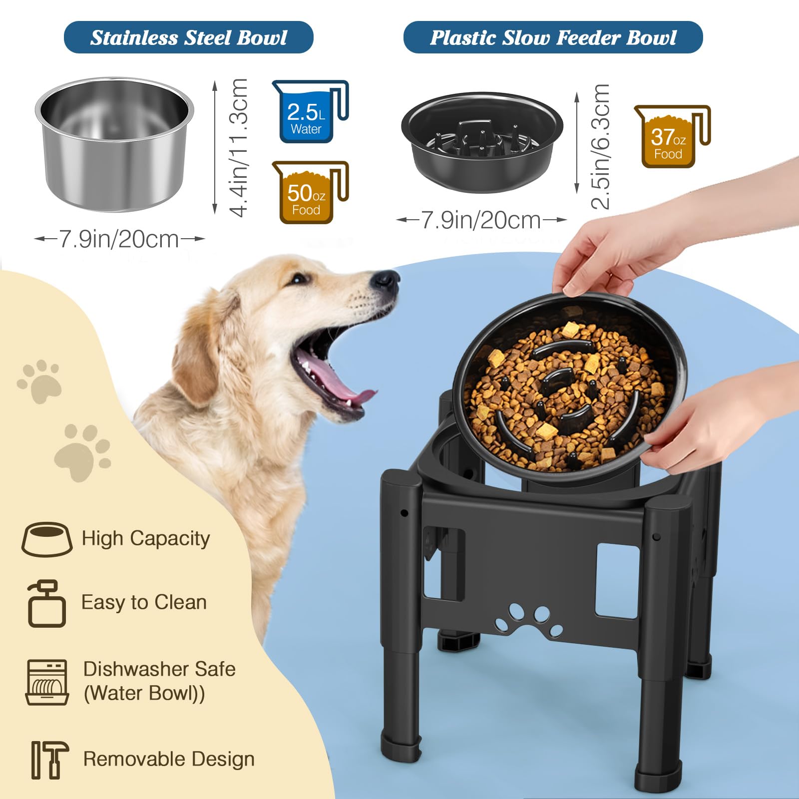 **Lewondr 80OZ Adjustable Elevated Dog Bowl Stand - No Spill Slow Feeder Water Bowl for Small, Medium & Large Dogs - Perfect for Indoor & Outdoor Use**