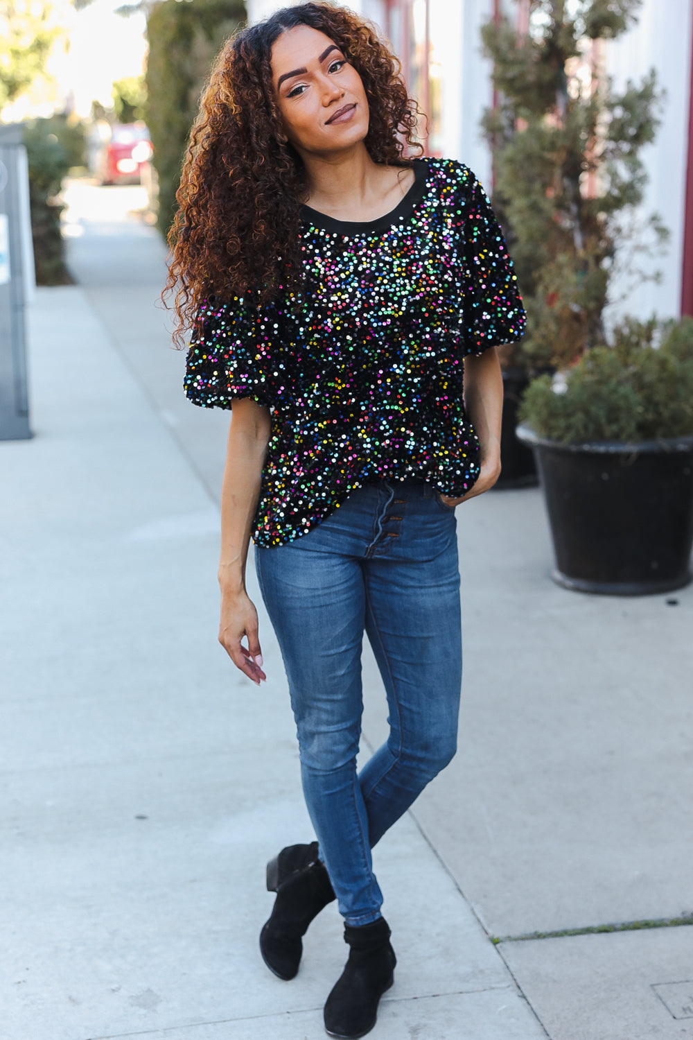 Black Velvet Multicolor Sequin Puff Sleeve Top for Women | Holiday Party & Christmas Outfit | Perfect for Festive Gatherings, NYE Celebrations & Special Occasions