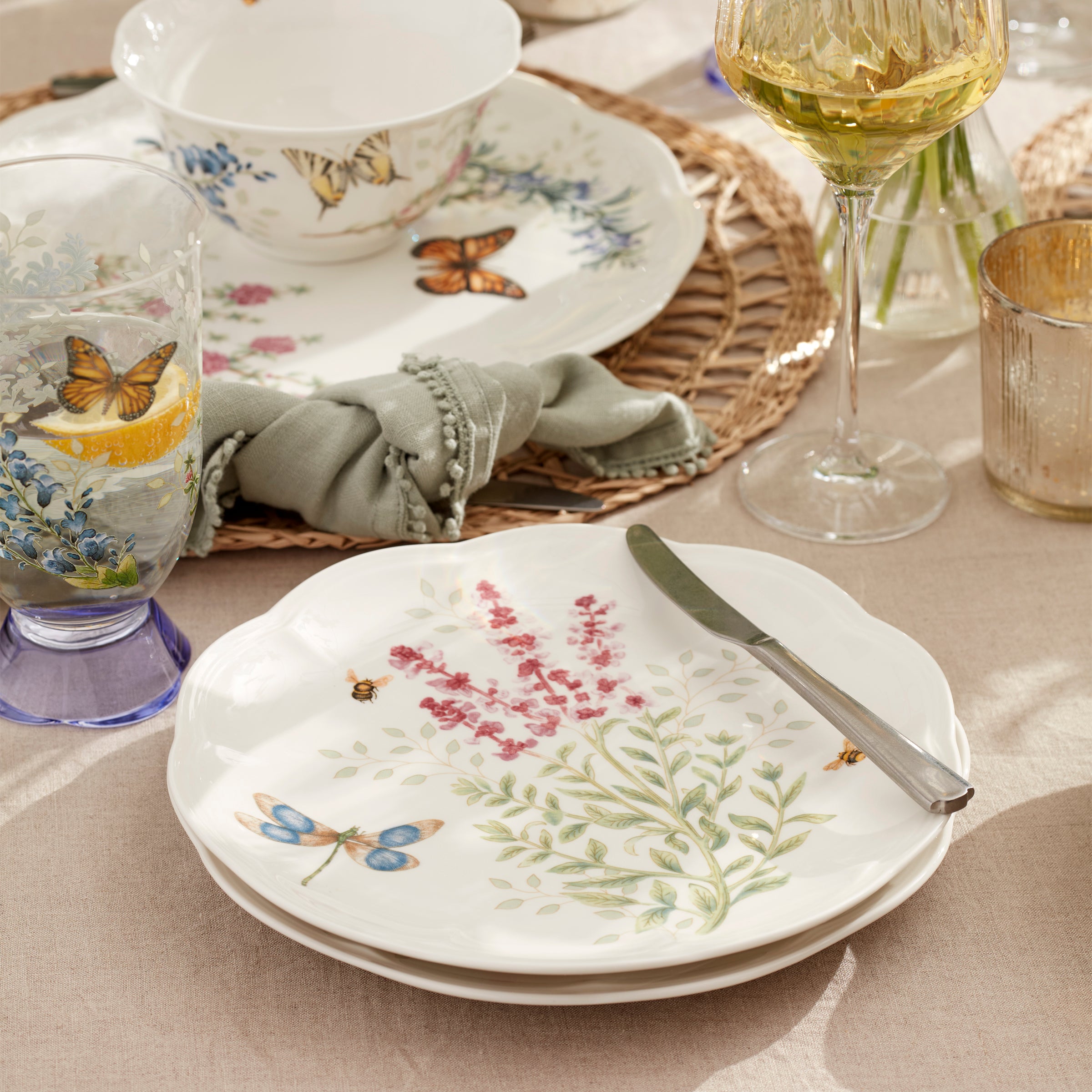 Butterfly Meadow Herbs Accent Plates - Set of 4 Floral Decorative Dinner Plates for Spring Table Setting, Garden Party, and Home Decor