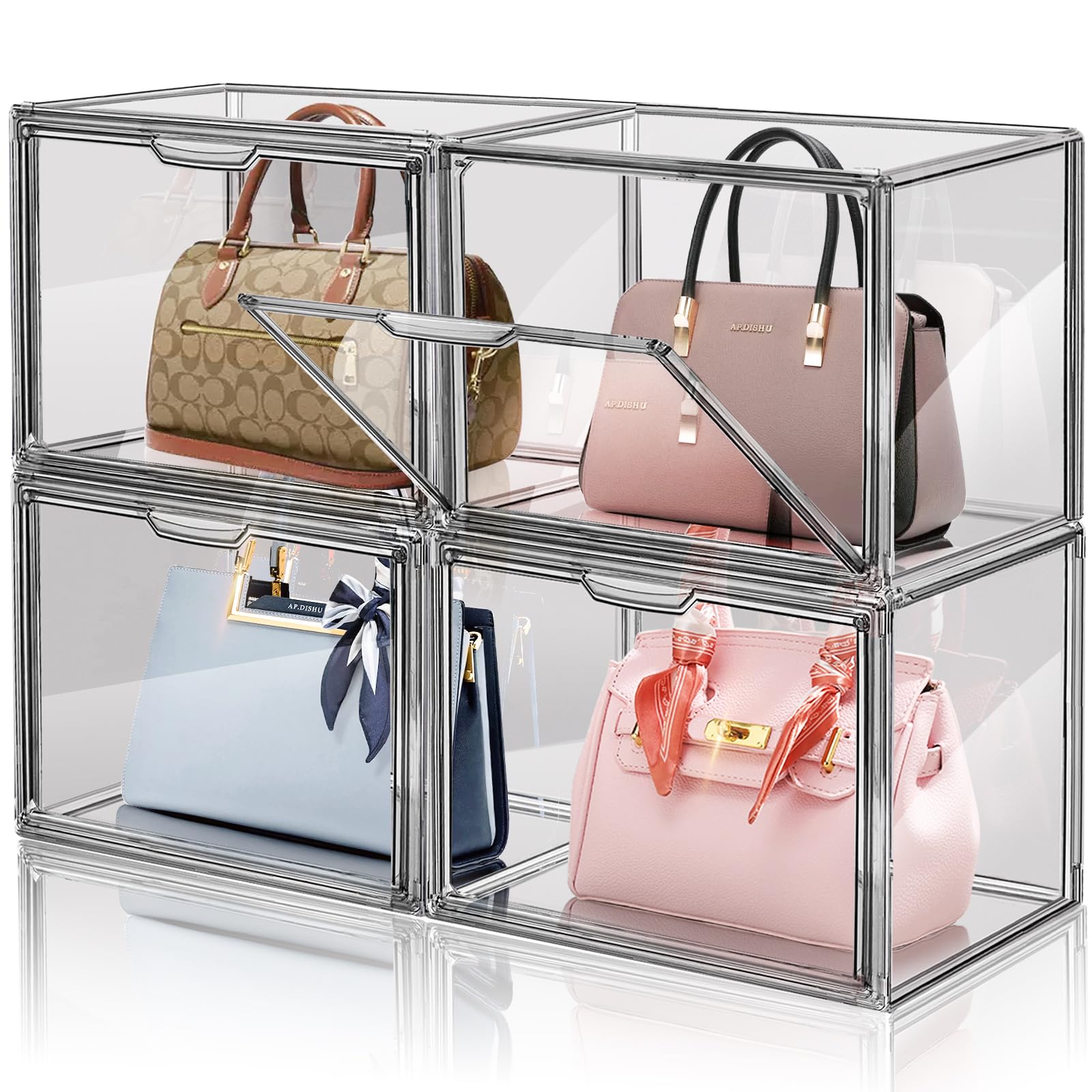 DILIBRA 4-Pack Acrylic Purse Organizer for Closet - Stackable Handbag Storage Box with Magnetic Door - Clear Display Case for Purses, Wallets, Books & Toys | Perfect for Bedroom, Closet & Retail Store Organization
