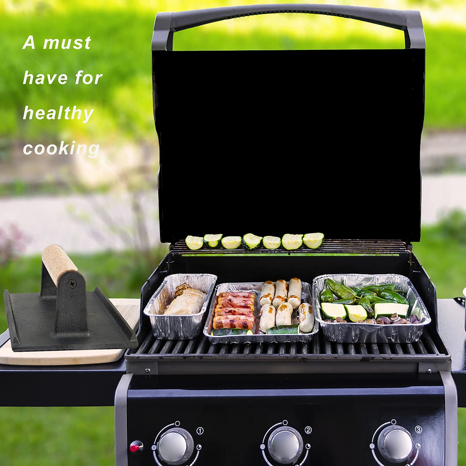 Premium Cast Iron Bacon Press & Hamburger Patty Maker - 8