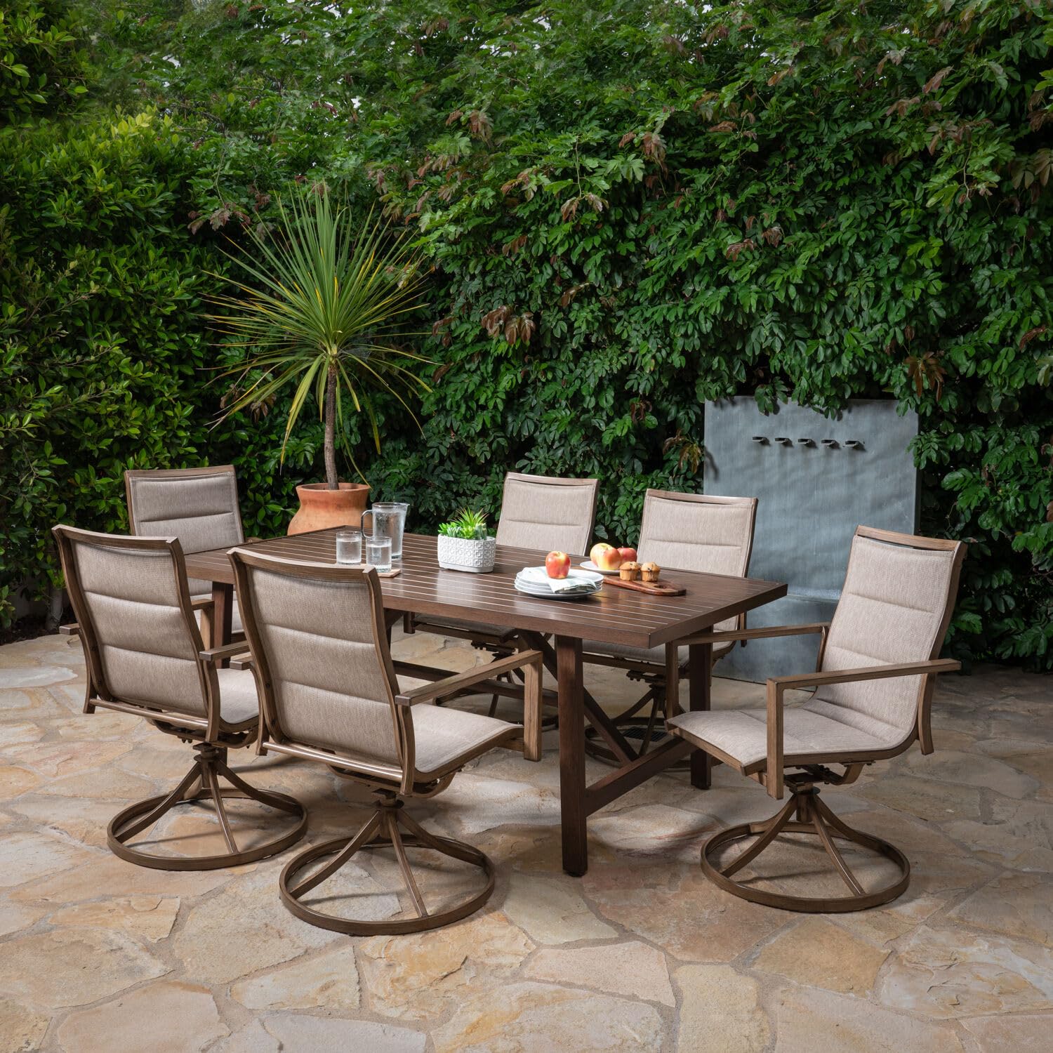 Atlas 7-Piece Outdoor Dining Set with 6 Swivel Padded Chairs & Trestle Table - Modern Patio Furniture for Backyard, Garden, Poolside - Weather-Resistant Dining Set for 6 People
