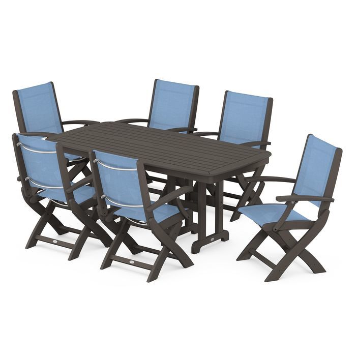 POLYWOOD Coastal Folding Arm Chair 7-Piece Outdoor Dining Set - Perfect for Patio, Deck, Poolside & Beachfront Entertaining