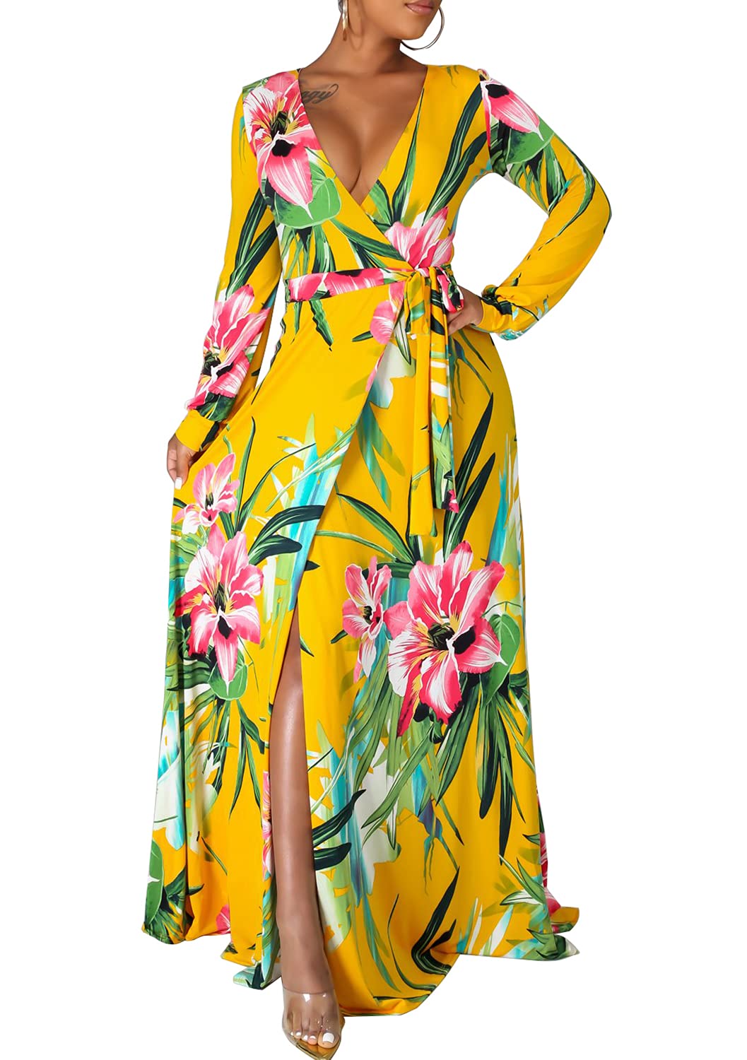JTNFairy Women's Casual Floral Print Long Maxi Dress - Plus Size Summer Beach Dress, Boho Party Outfit for Vacation, Wedding Guest & Date Night