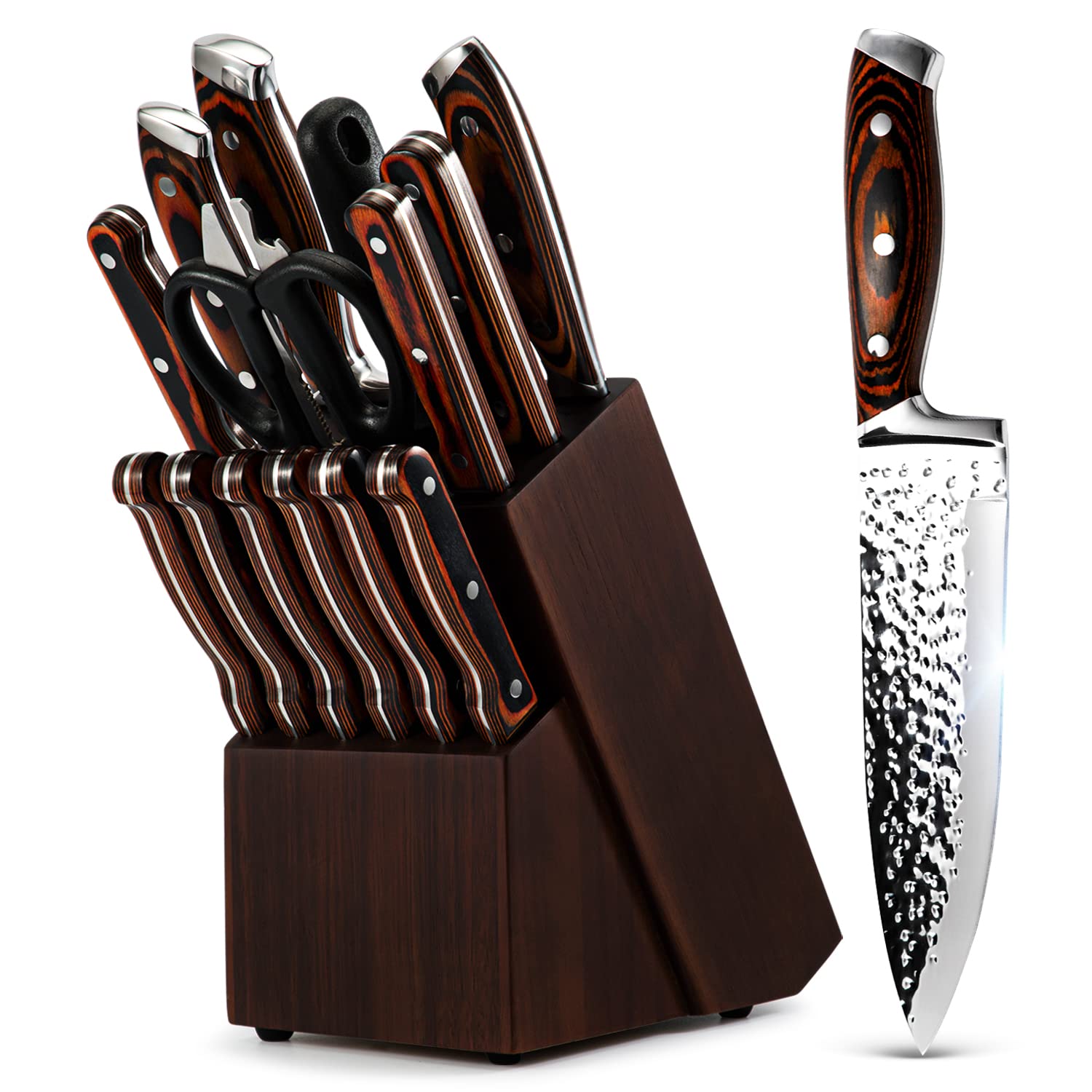 15-Piece Premium Japanese Stainless Steel Kitchen Knife Set with Wooden Block - High Carbon Hammered Chef Knives, Steak Knives & Self-Sharpening System - Perfect for Home Cooking, Professional Chefs & Gourmet Food Preparation