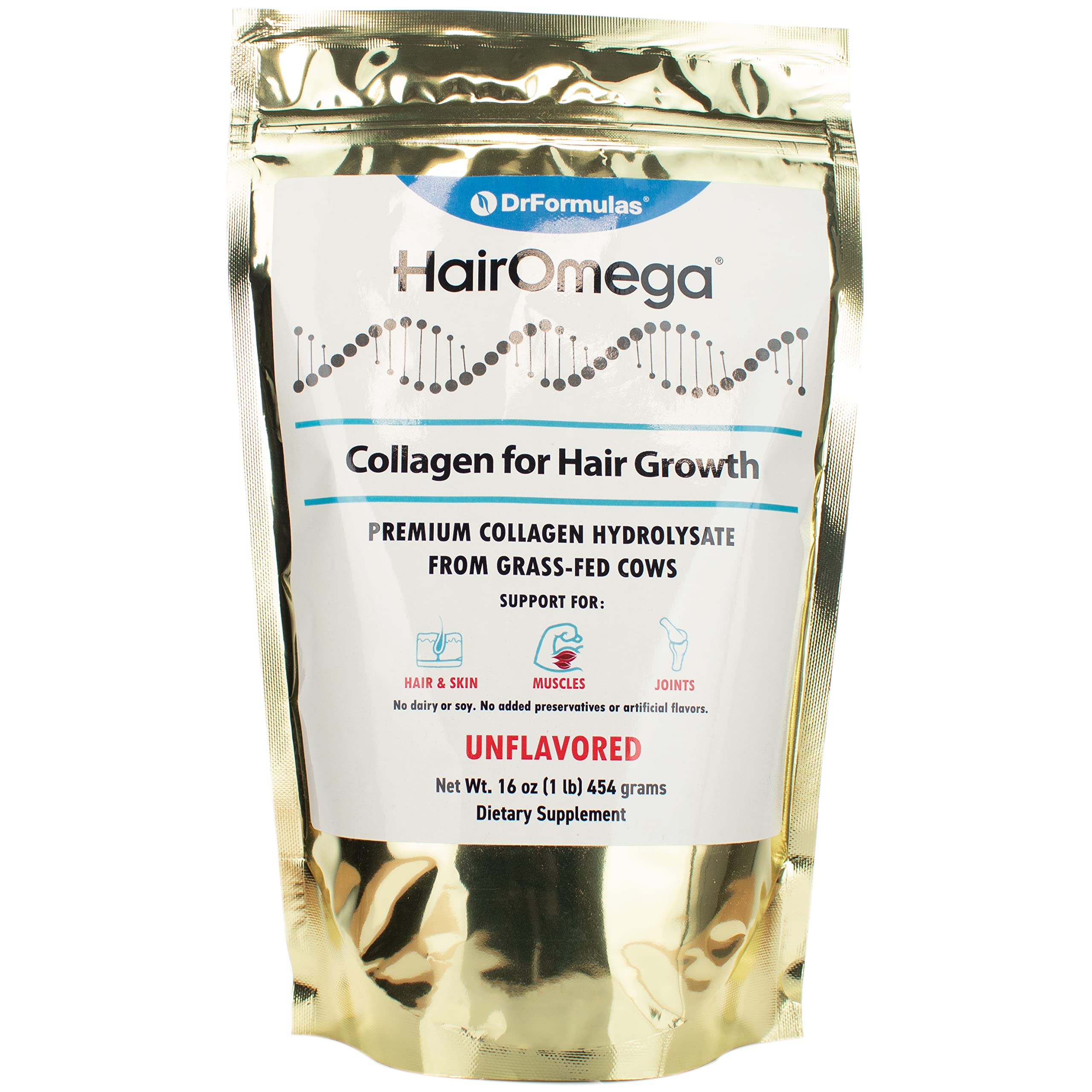DrFormulas HairOmega Collagen Peptides Powder for Hair Growth & Skin Health - Hydrolyzed Bovine Collagen Protein Supplement, Unflavored 16oz - Supports Stronger Hair, Nails & Joints | Perfect for Smoothies, Coffee & Daily Wellness Routine
