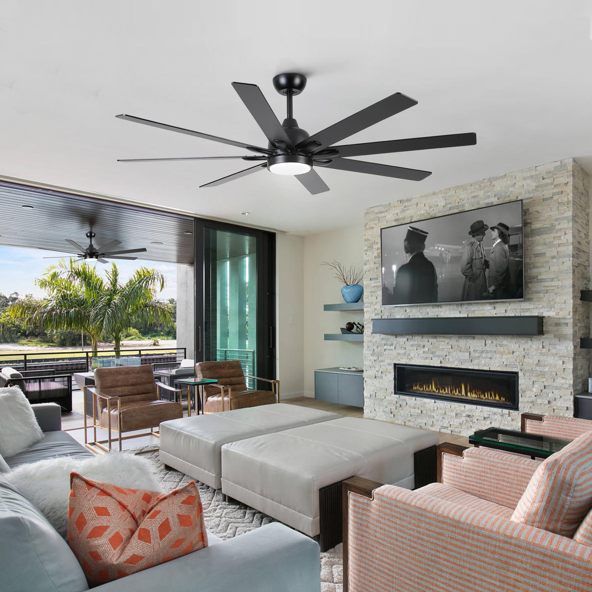 Sevenine 62 Inch Ceiling Fan with Lights and Remote Control - 8 Black Wood Blades, 6-Speed Reversible DC Motor, 3-Color Dimmable LED Light - Ideal for Living Room, Bedroom, Patio, Farmhouse, and Indoor Great Rooms