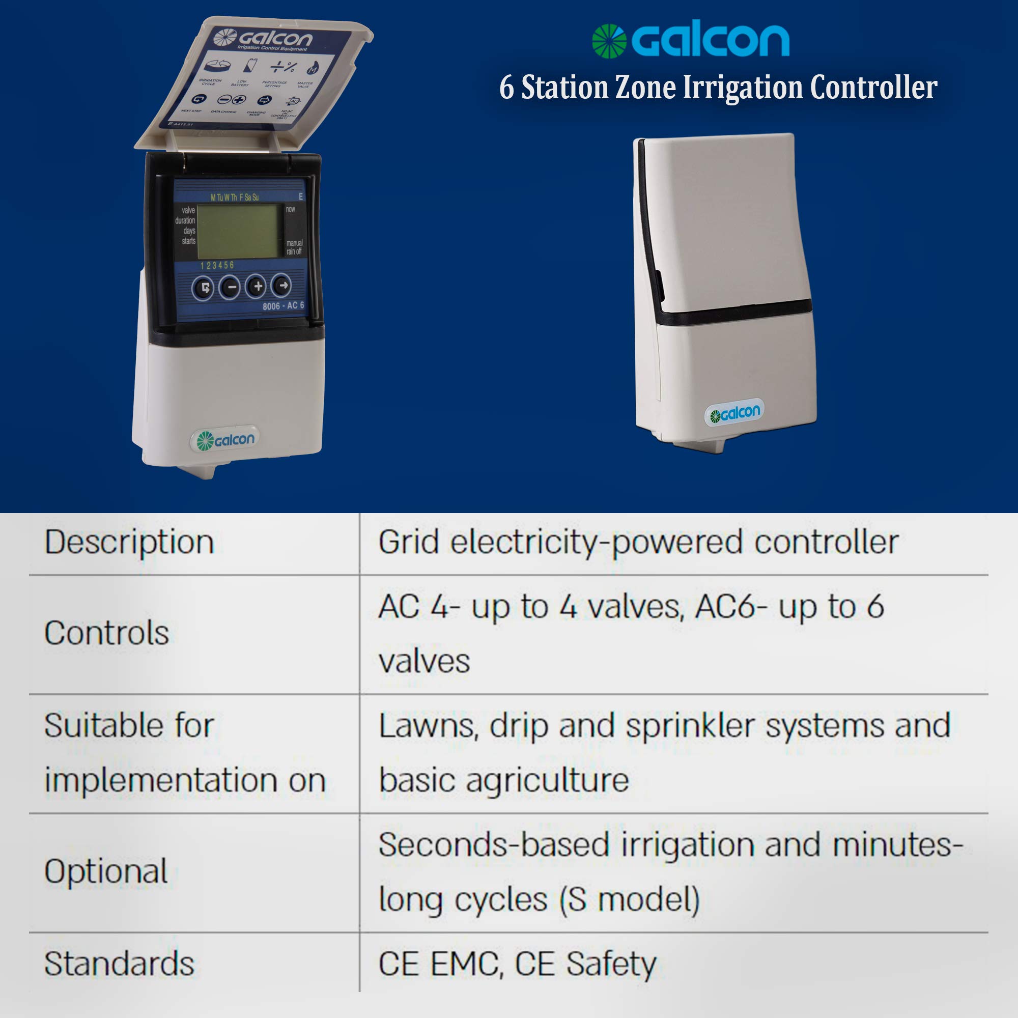 Galcon 8006 AC-6 6 Zone Automatic Sprinkler Controller - Programmable Irrigation Timer with Daily/Cyclic Settings for Lawn, Garden, Nursery & Greenhouse | Indoor Plant Watering System & Valve Box | Perfect for Residential Landscaping & Commercial Agriculture