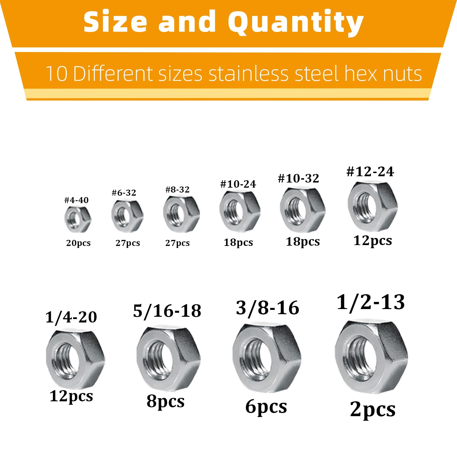 150-Piece Stainless Steel Hex Nut Assortment Kit - #4-40, #6-32, #8-32, #10-24, #10-32, #12-24, 1/4