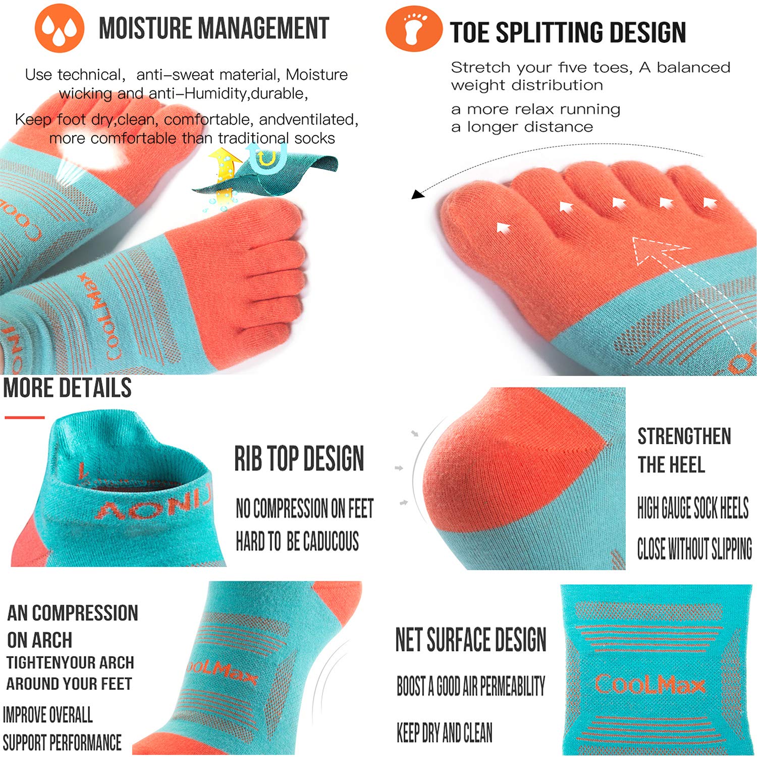AONIJIE High Performance Five Toe Running Socks for Men & Women - Breathable Athletic Ankle Socks for Marathon, Trail Running & Workout