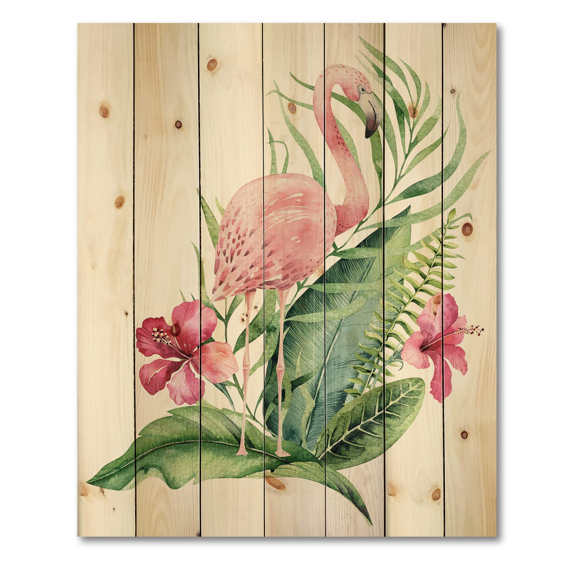 DesignQ Flamingo & Tropical Foliage Wood Wall Art - Pink Floral Pine Wood Decor Panel | Large Traditional Wall Hanging for Living Room, Bedroom & Office Decor