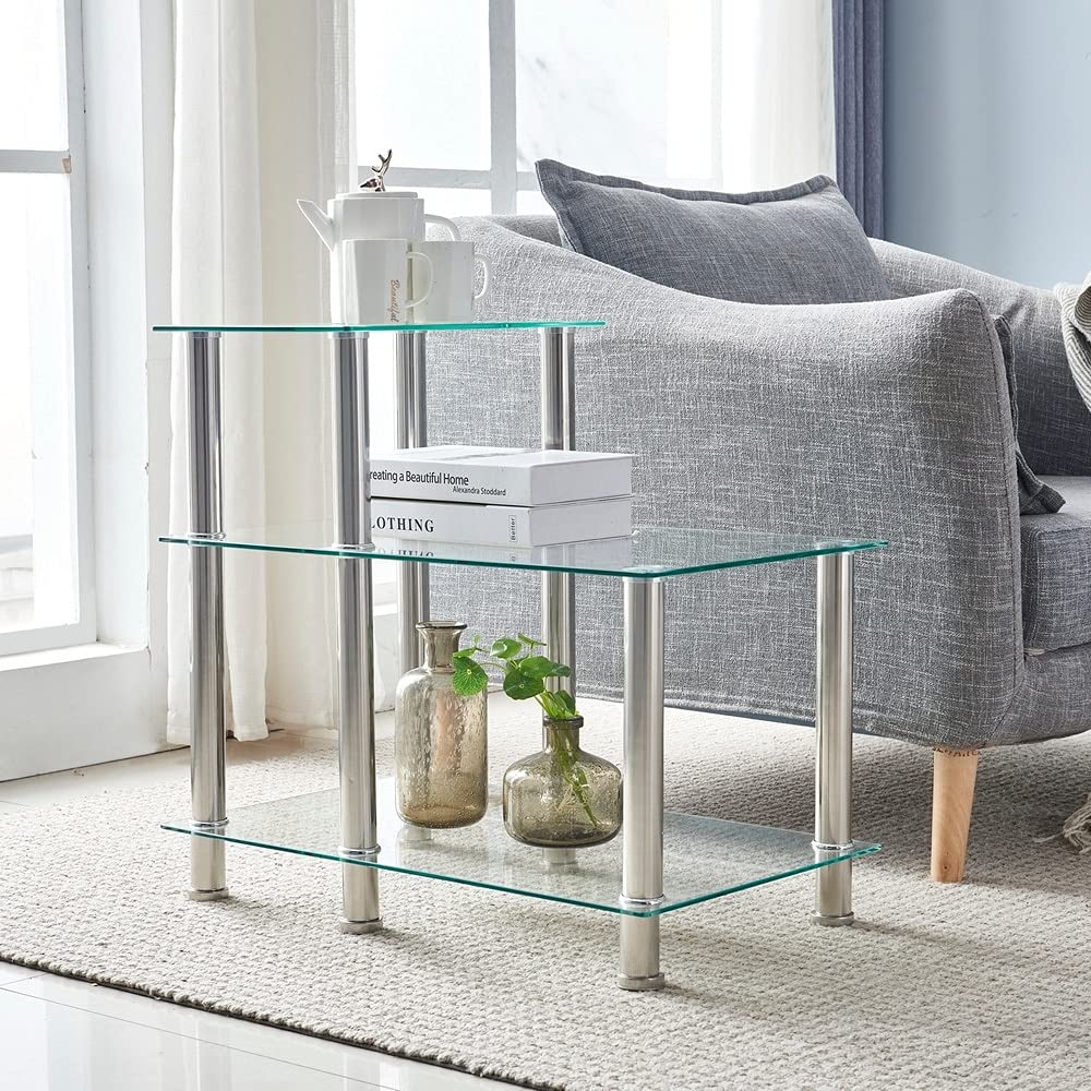 3-Tier Tempered Glass and Stainless Steel Side Table - Silver Modern Contemporary End Table with Storage Shelf | Perfect for Living Room, Bedroom, or Office Use